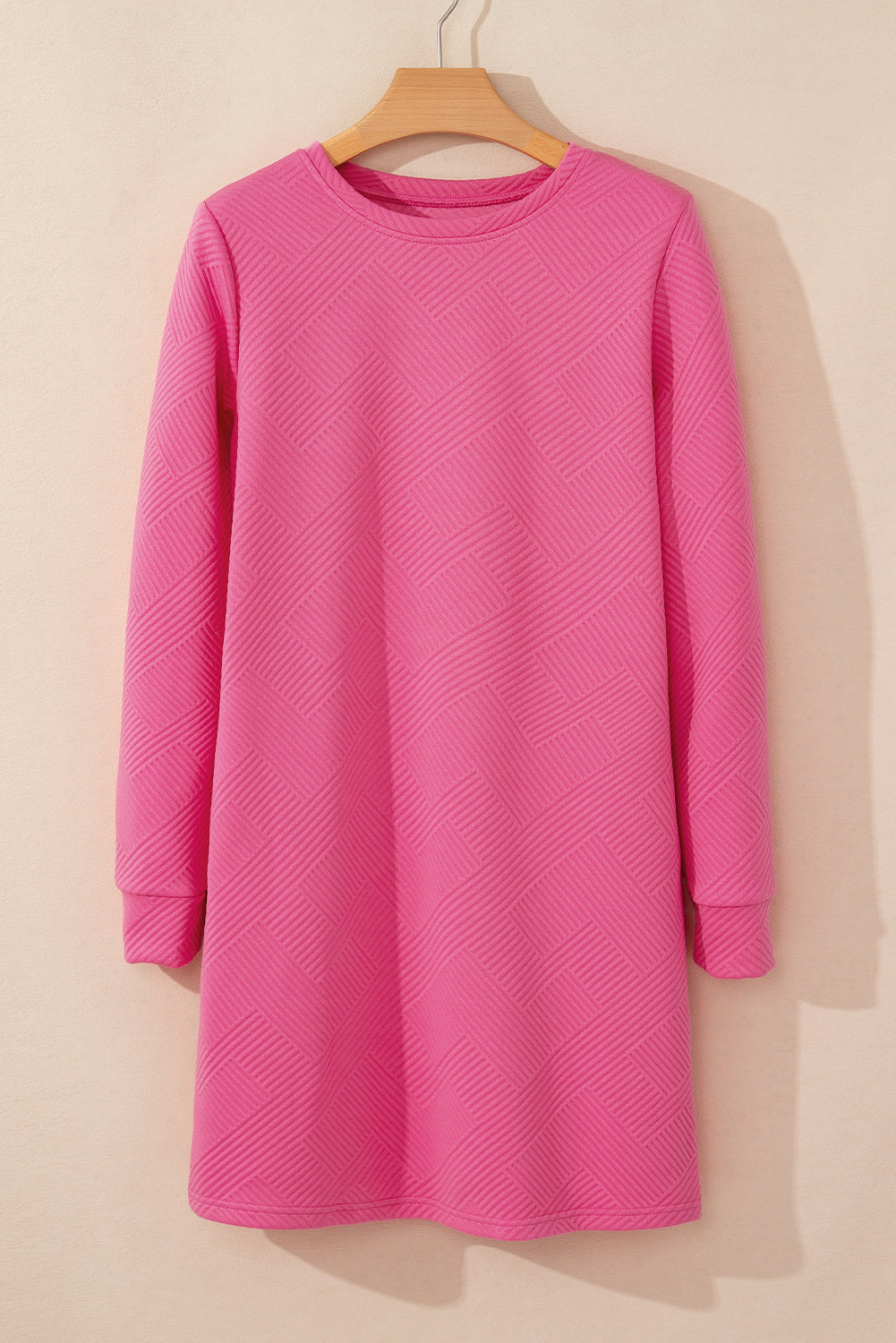 Apricot Solid Color Textured Long Sleeve Shift Dress