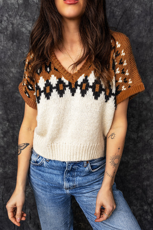Brown V Neck Short Sleeve Geometric Print Western Style Knit Tee