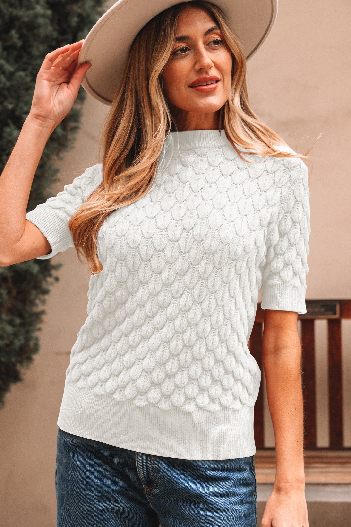 Straw Yellow Fish Scale Textured Knit Ribbed Crew Neck Short Sleeve Sweater