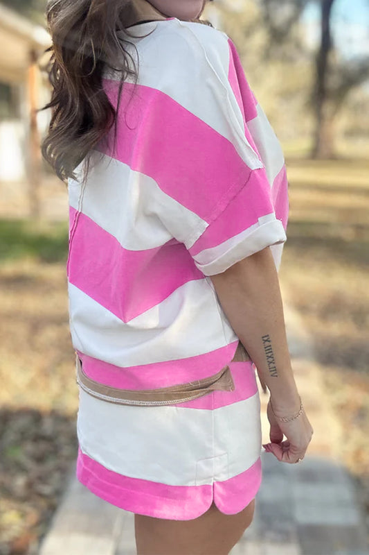 Rose Stripe Colorblock Trim Polo Tee Drawstring Mini Skort 2pcs Set