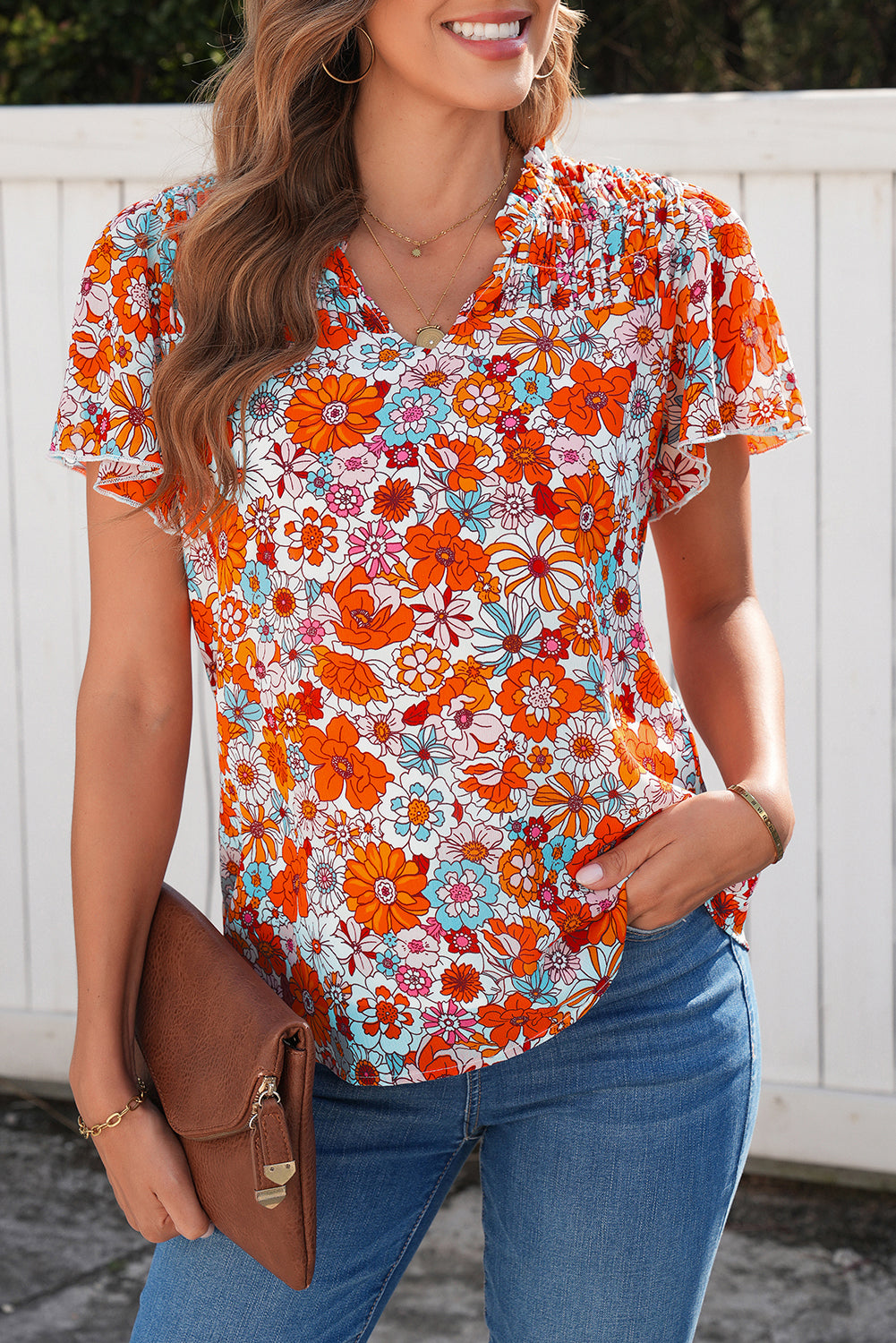 Orange Floral Print V Neck Pleated Ruffle Short Sleeve Blouse