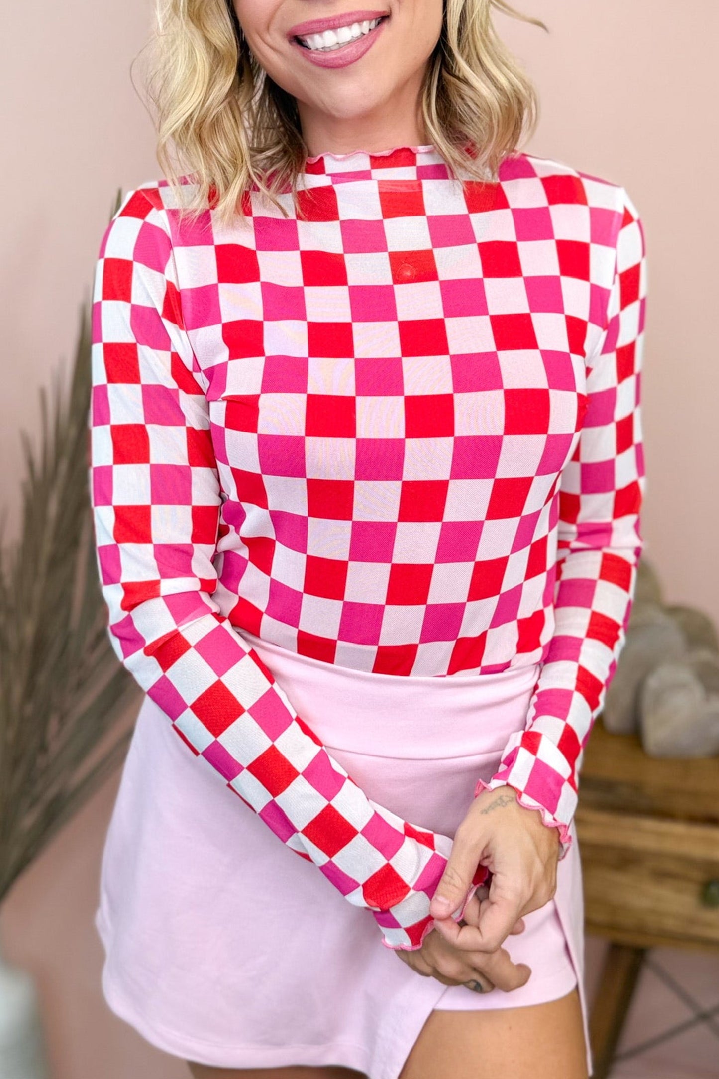 Black Plaid Heart Mesh Sheer Long Sleeve High Neck Blouse