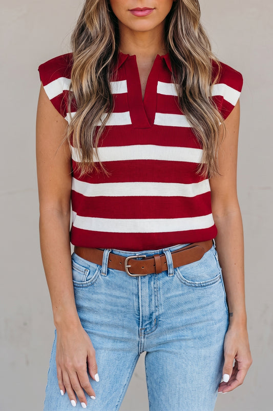 Red Stripe Collared Split Neck Sweater Vest