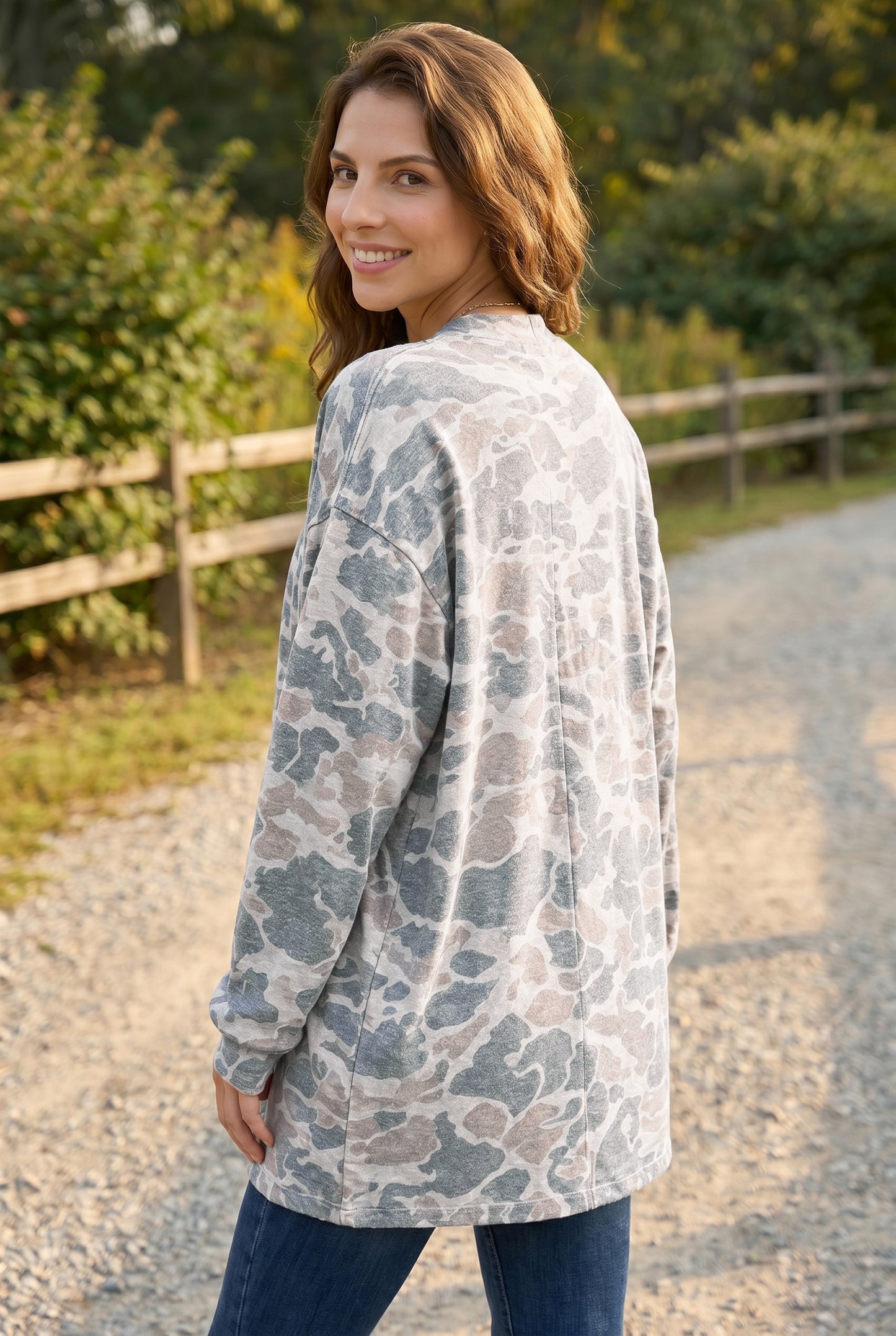 Multicolour Camouflage Print Long Sleeve Open Front Tunic Cardigan