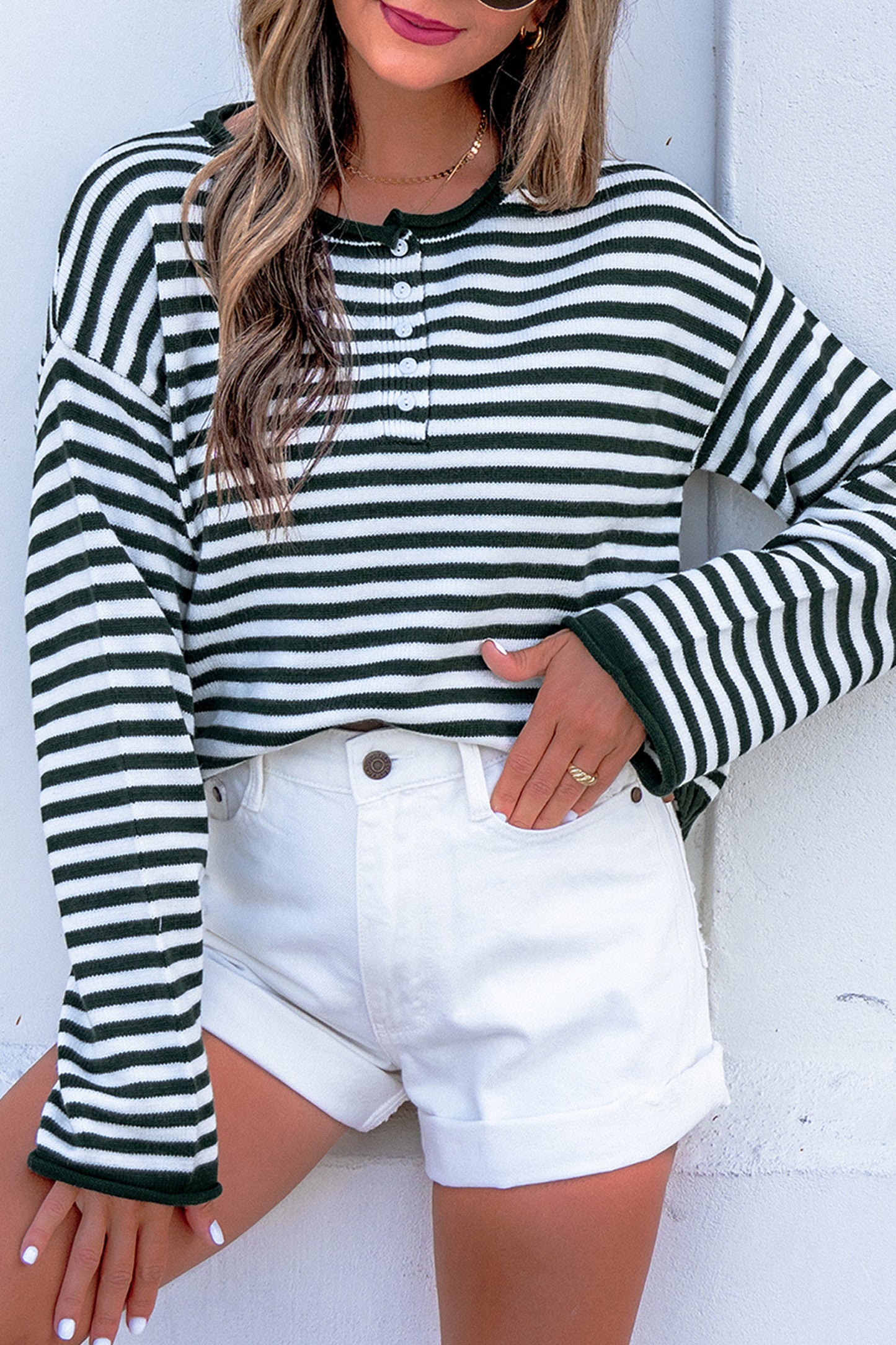 Pink Stripe Striped Button Placket Drop Shoulder Long Sleeve Sweater