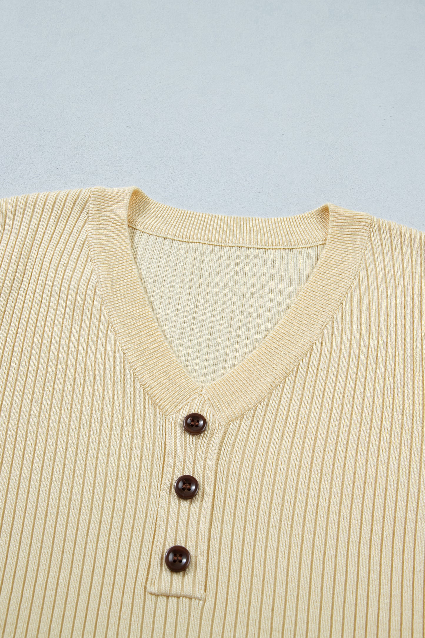 Apricot V Neck Ribbed Knit Striped Trim Short Sleeve Sweater