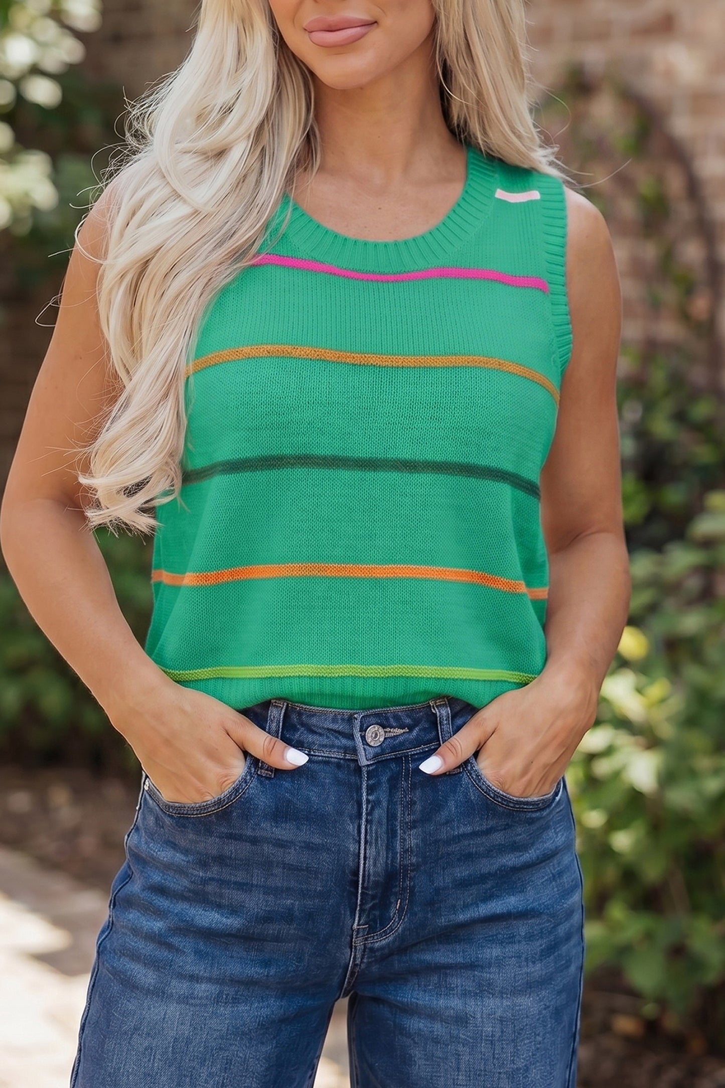 White Stripe Round Neck Knitted Sweater Tank