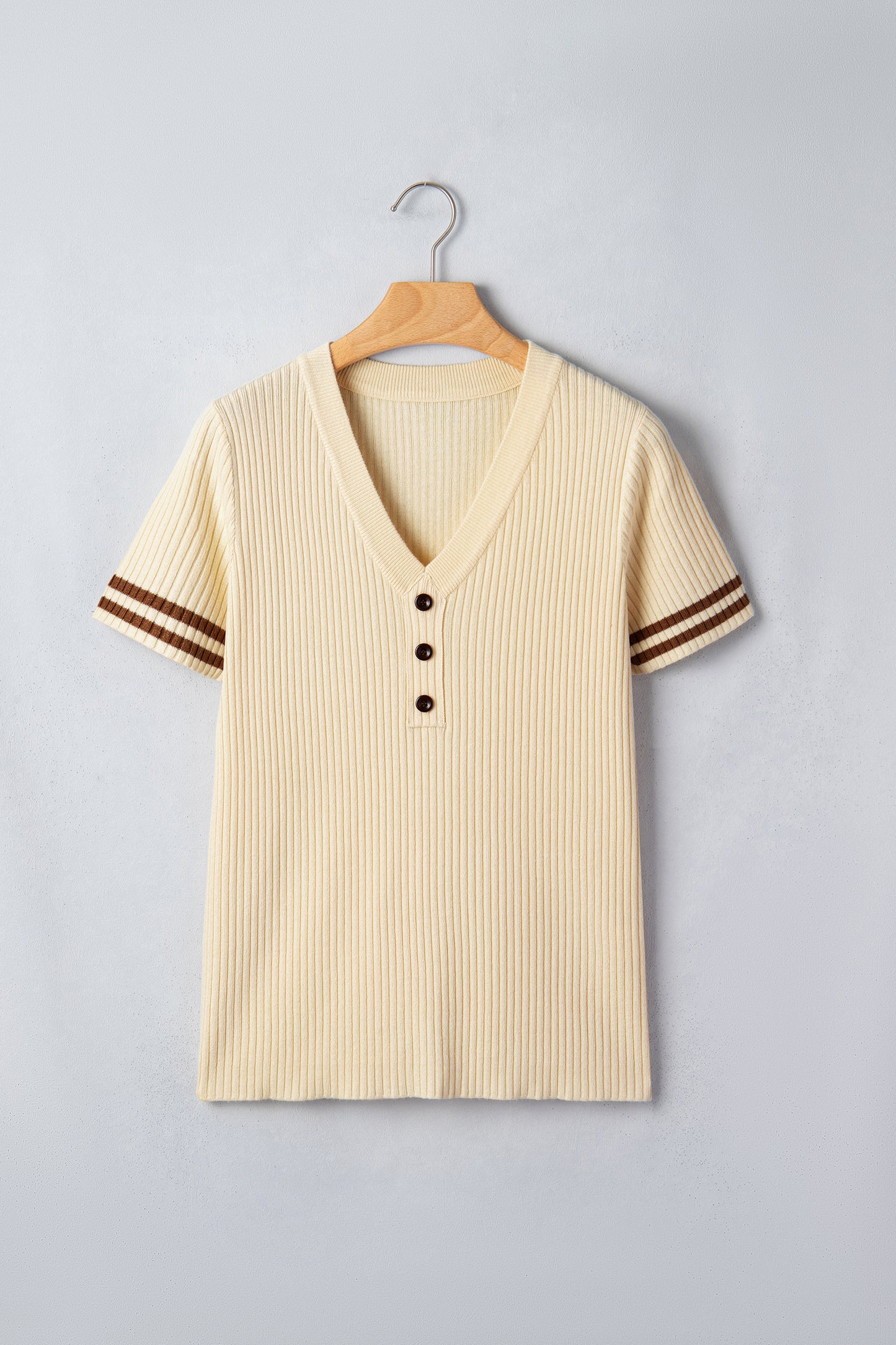 Apricot V Neck Ribbed Knit Striped Trim Short Sleeve Sweater