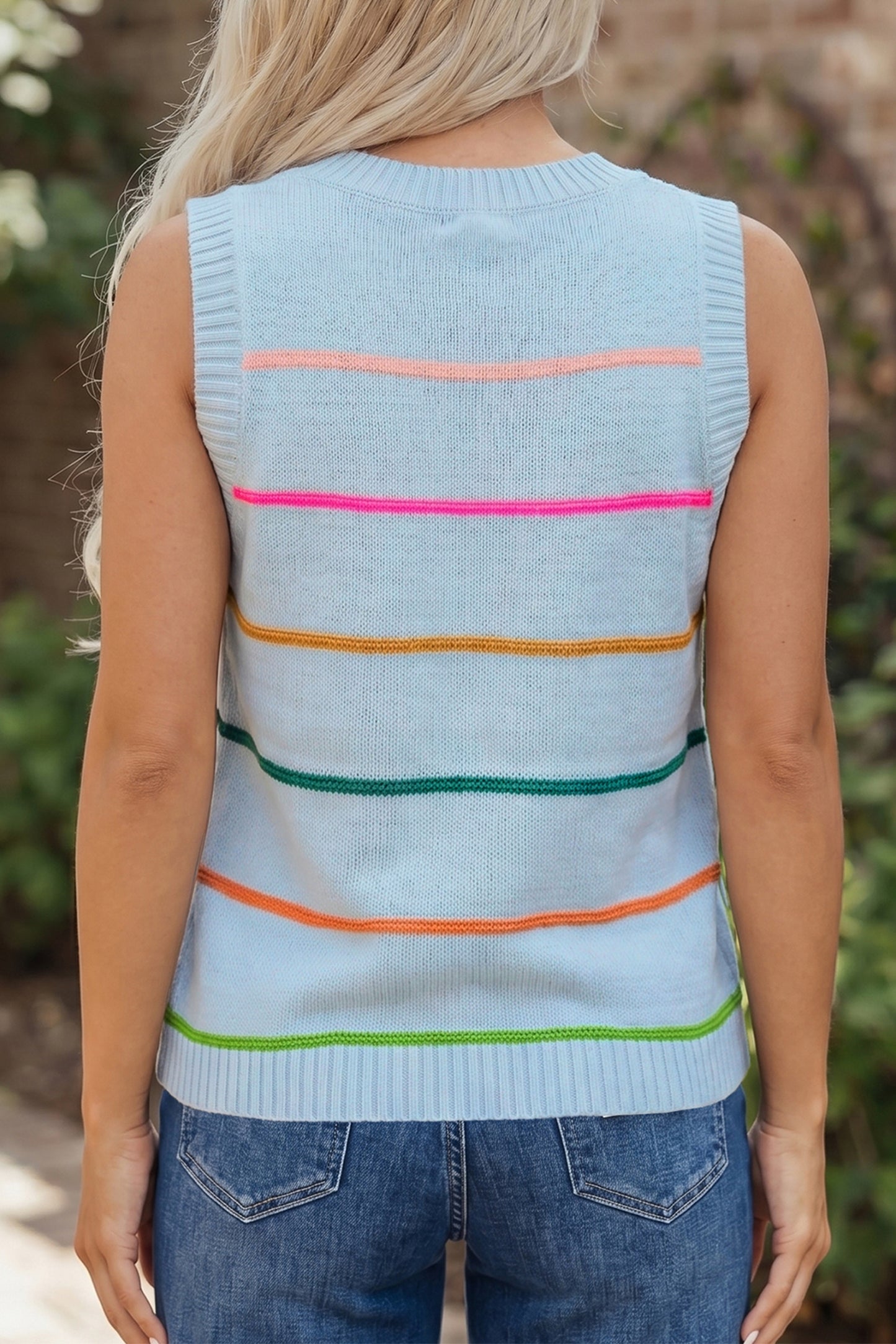 White Stripe Round Neck Knitted Sweater Tank