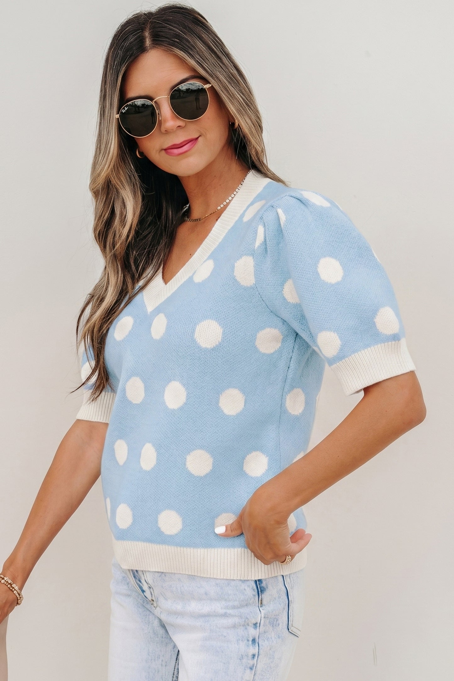 Pink Polka Dot Puff Short Sleeve Sweater Top