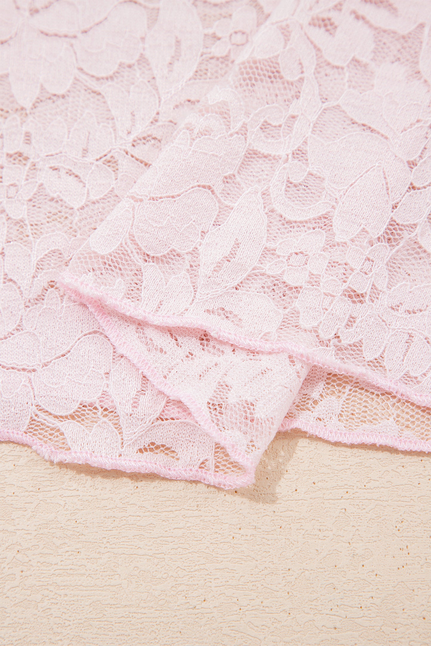 Light Pink Floral Lace Long Sleeve Stand Neck Pullover Top