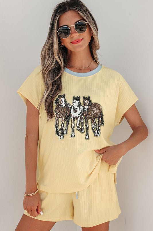 Yellow Cream Ribbed Knit Two Piece Set Sequin Horse Patched Casual Short Set