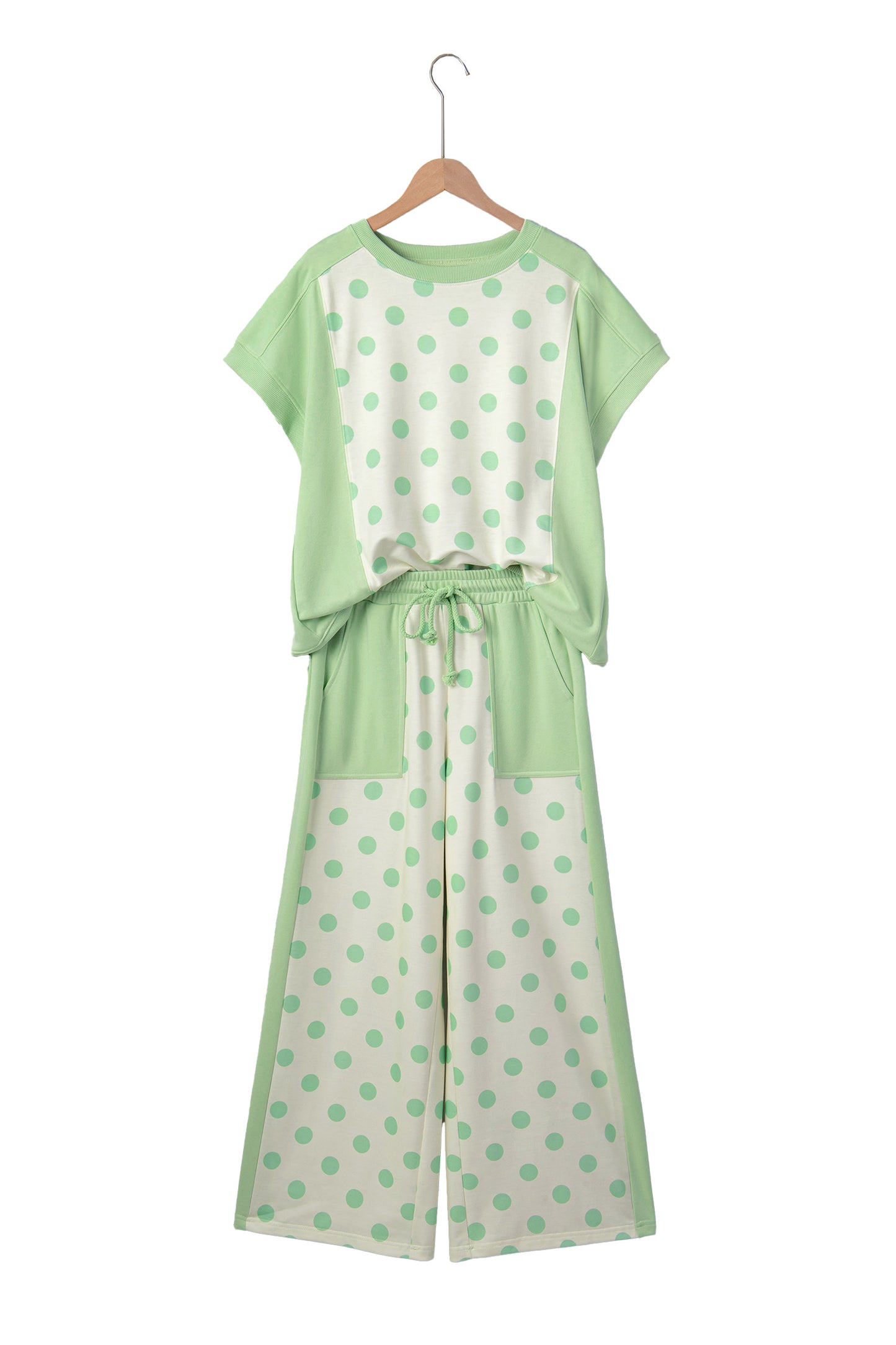 Green Color Block Patchwork Polka Dot Wide Leg Pant Set