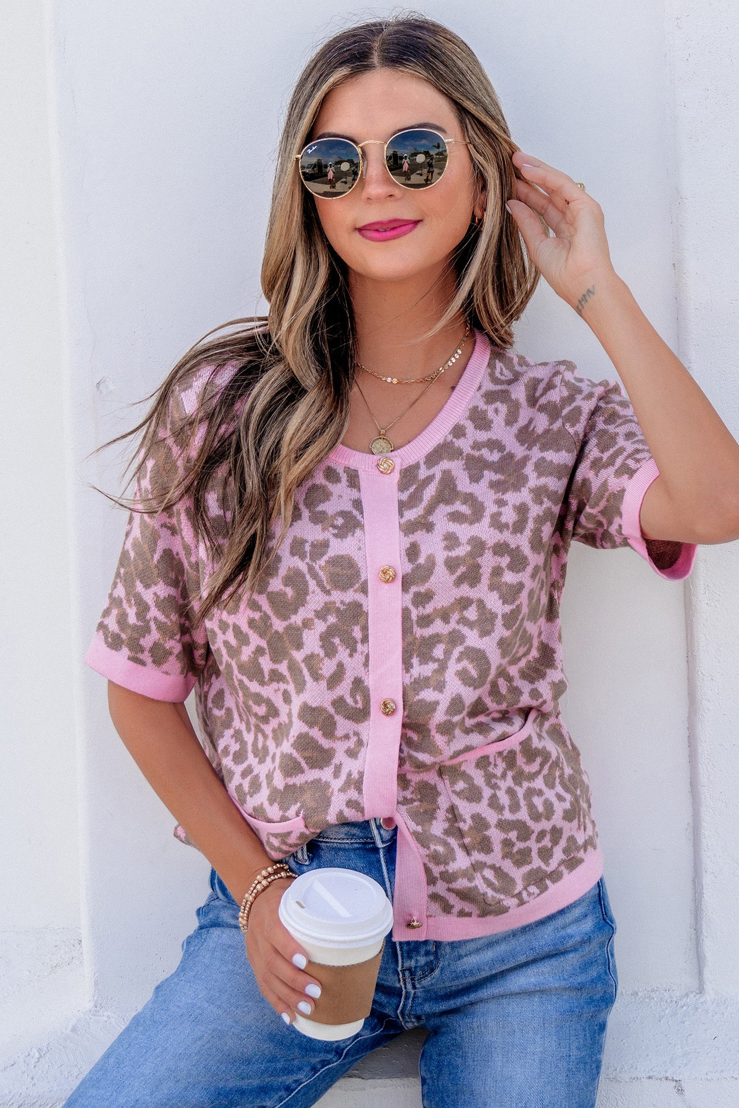 Pink Leopard Button Down Short Sleeve Sweater Cardigan