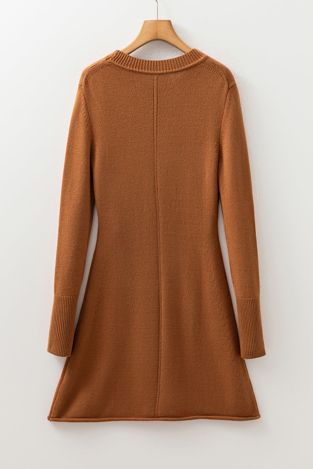 Straw Yellow Ribbed Detail Solid Color Mini Sweater Dress