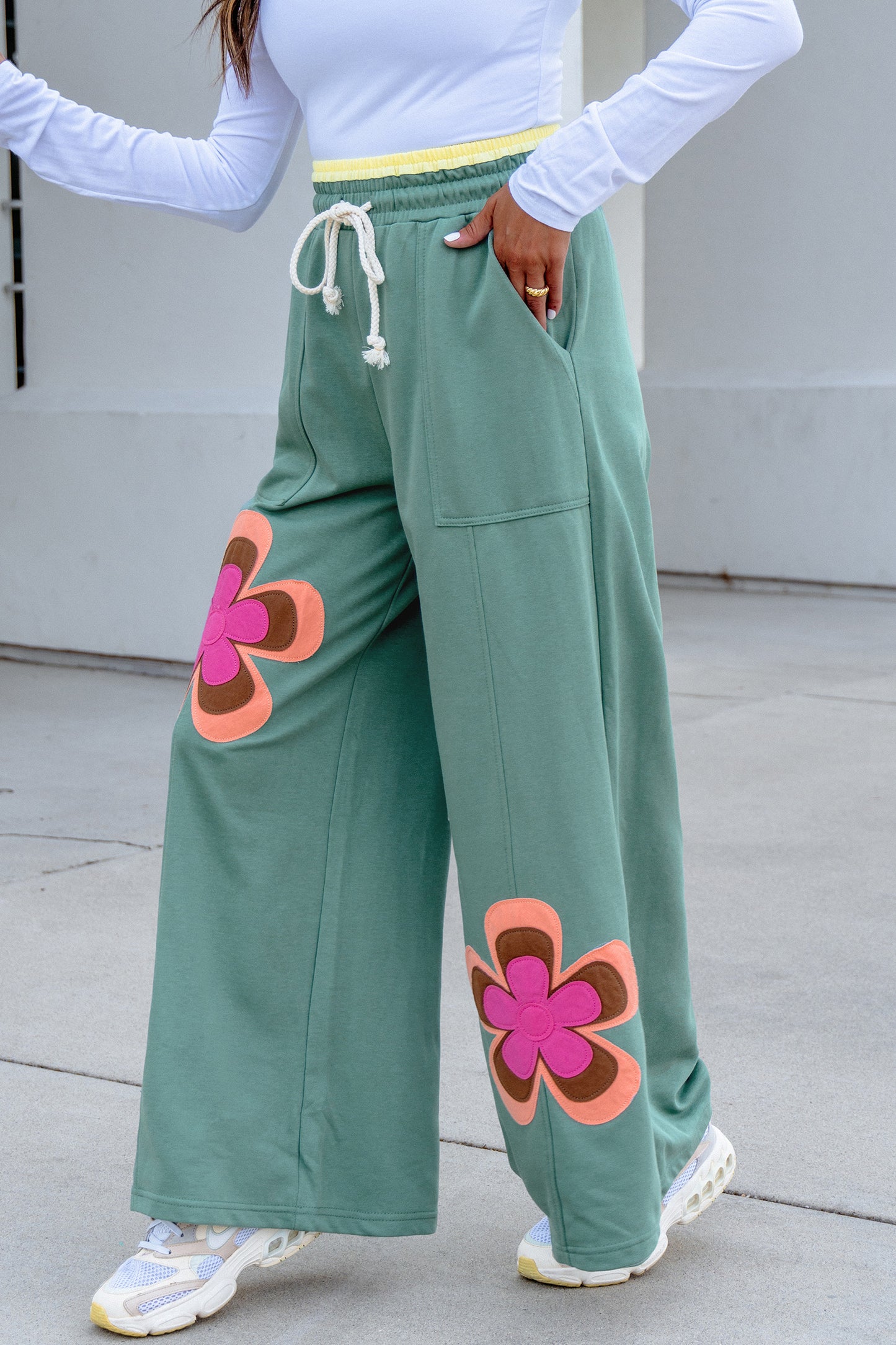 Sky Blue Color Block Flower Patchwork Drawstring Contrasted Elastic Waist Wide Leg Pants