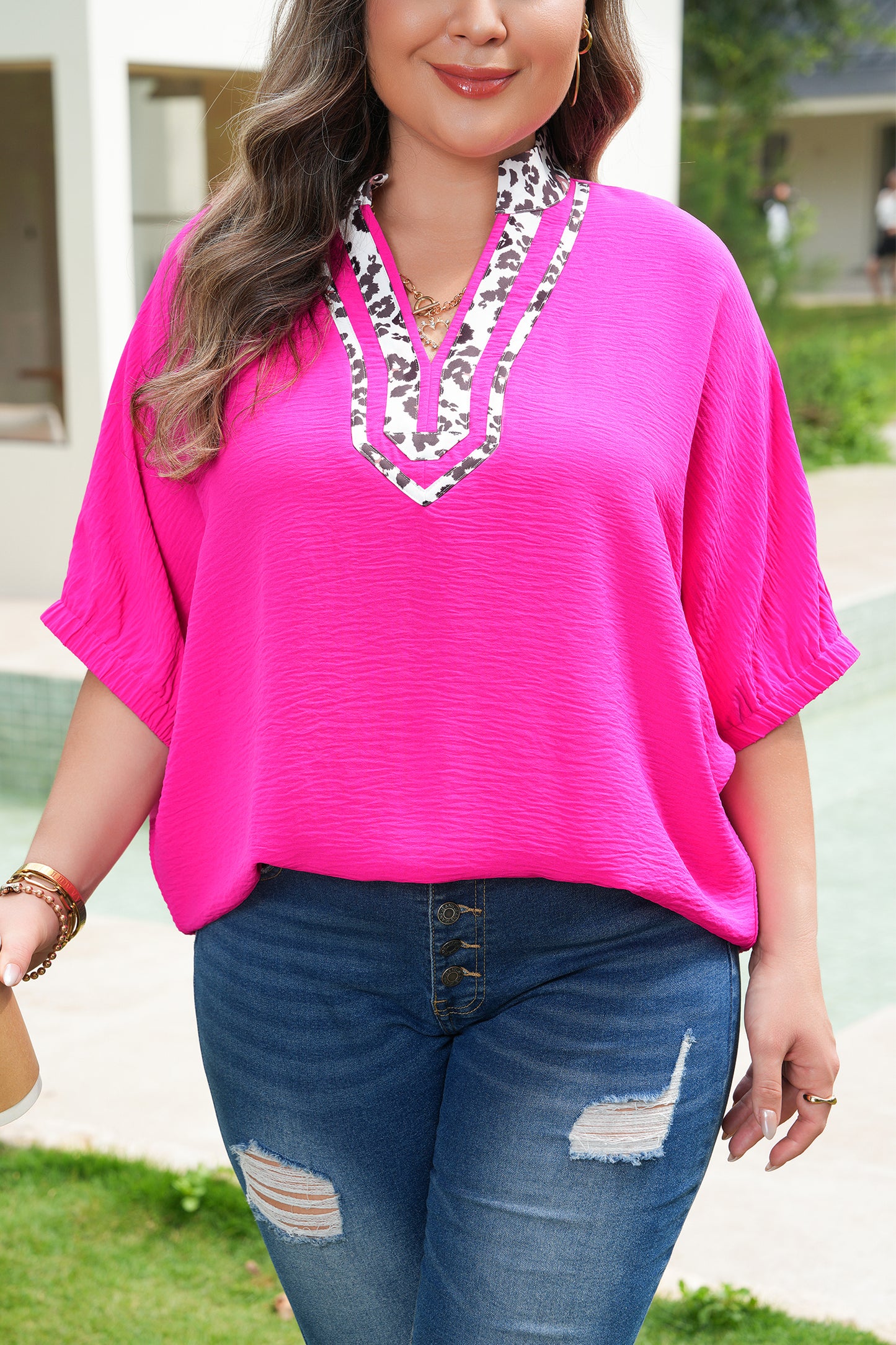 Rose Red Leopard Accent Notched Neck Plus Size Short Sleeve Top