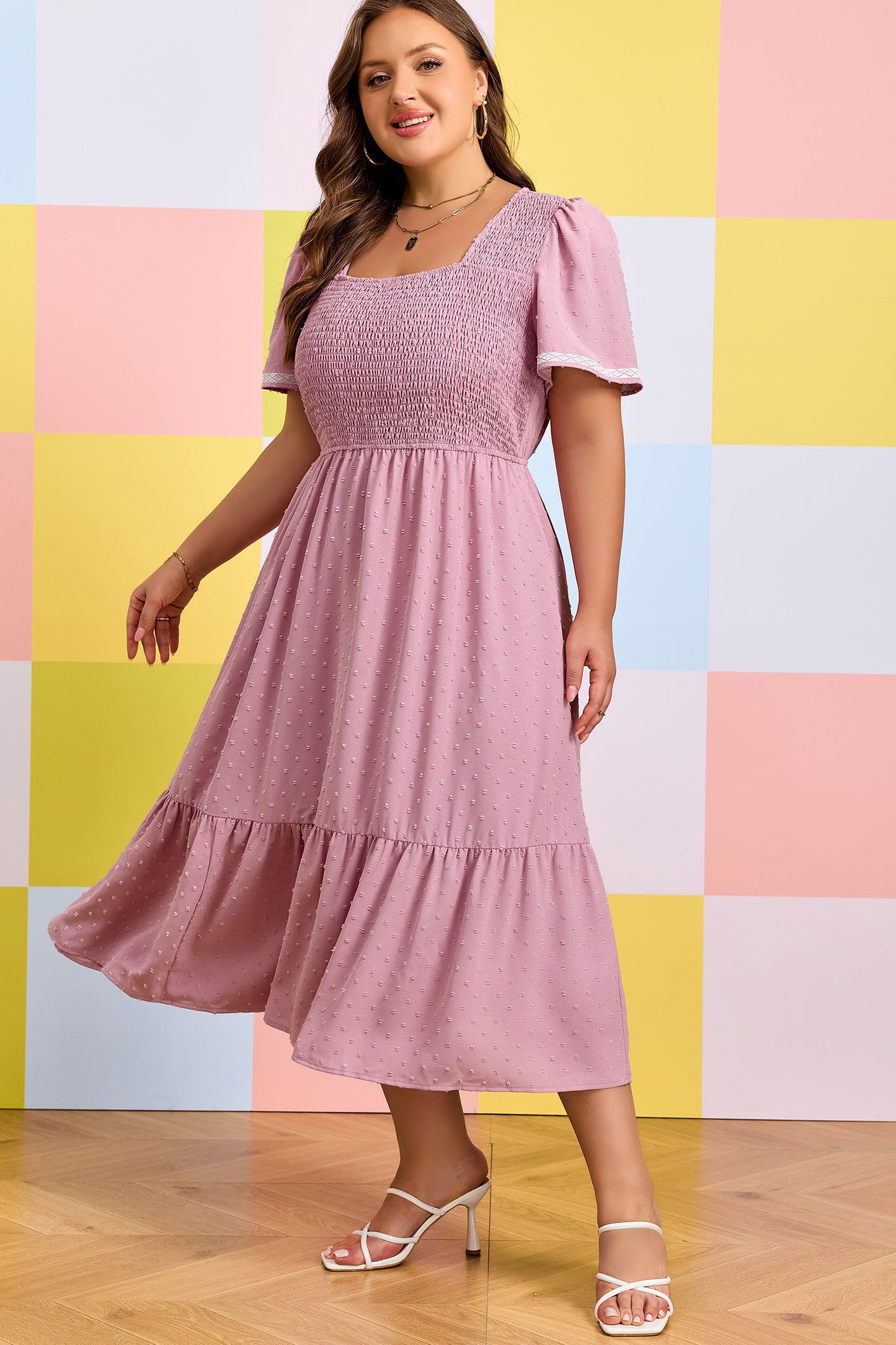Pink Plus Size Swiss Dot Short Sleeve Smocked High Waist Flowy Midi Dress