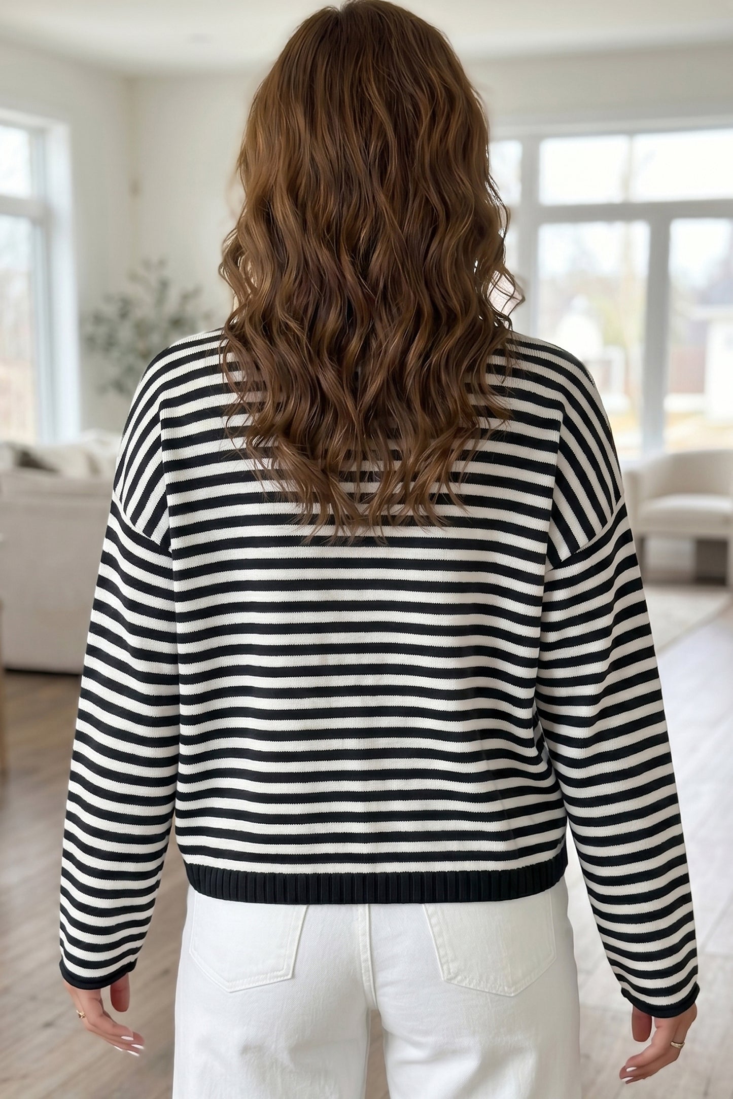 Pink Stripe Striped Button Placket Drop Shoulder Long Sleeve Sweater