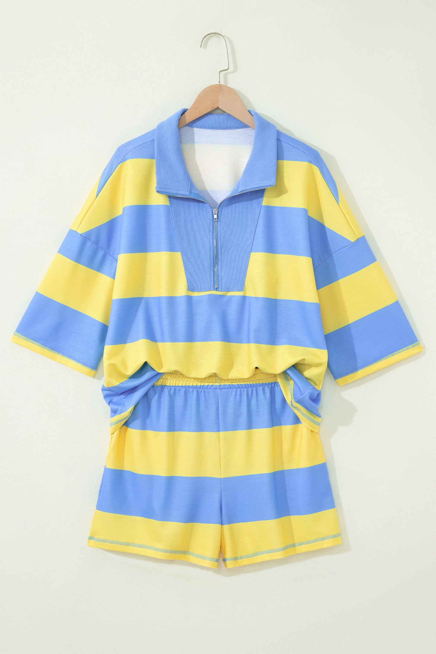 Yellow Stripe Seam Detail Half Zip Tee Casual Shorts 2pcs Set