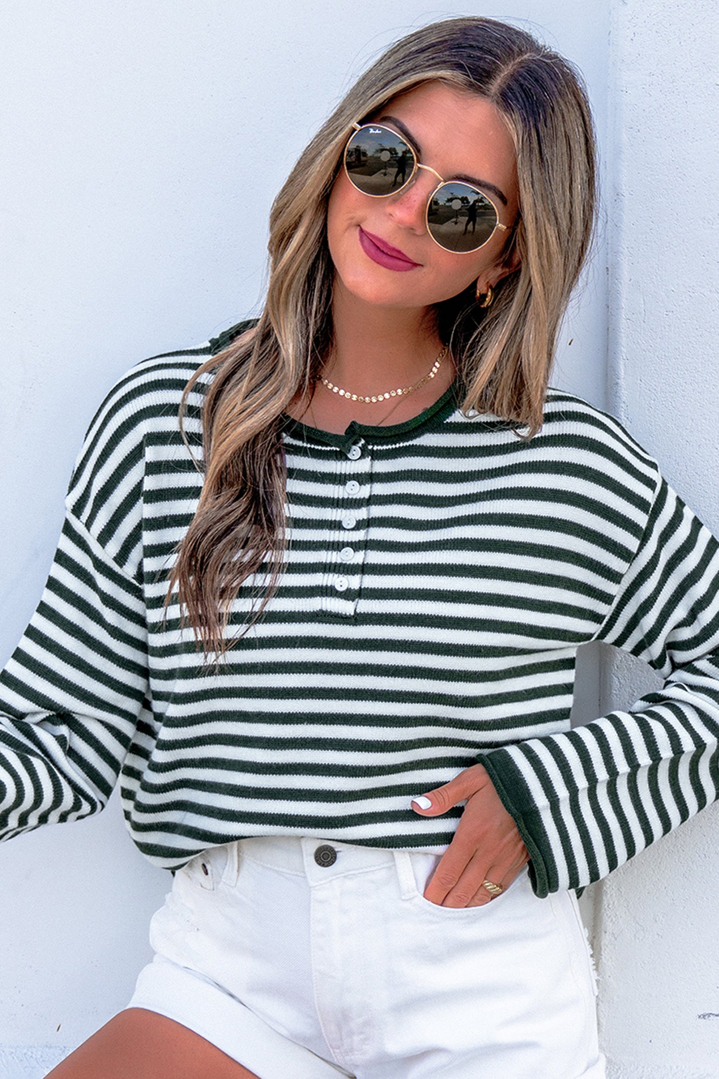 Pink Stripe Striped Button Placket Drop Shoulder Long Sleeve Sweater