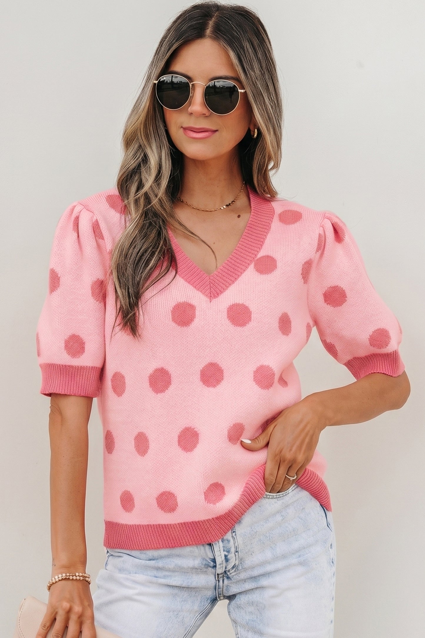 Pink Polka Dot Puff Short Sleeve Sweater Top