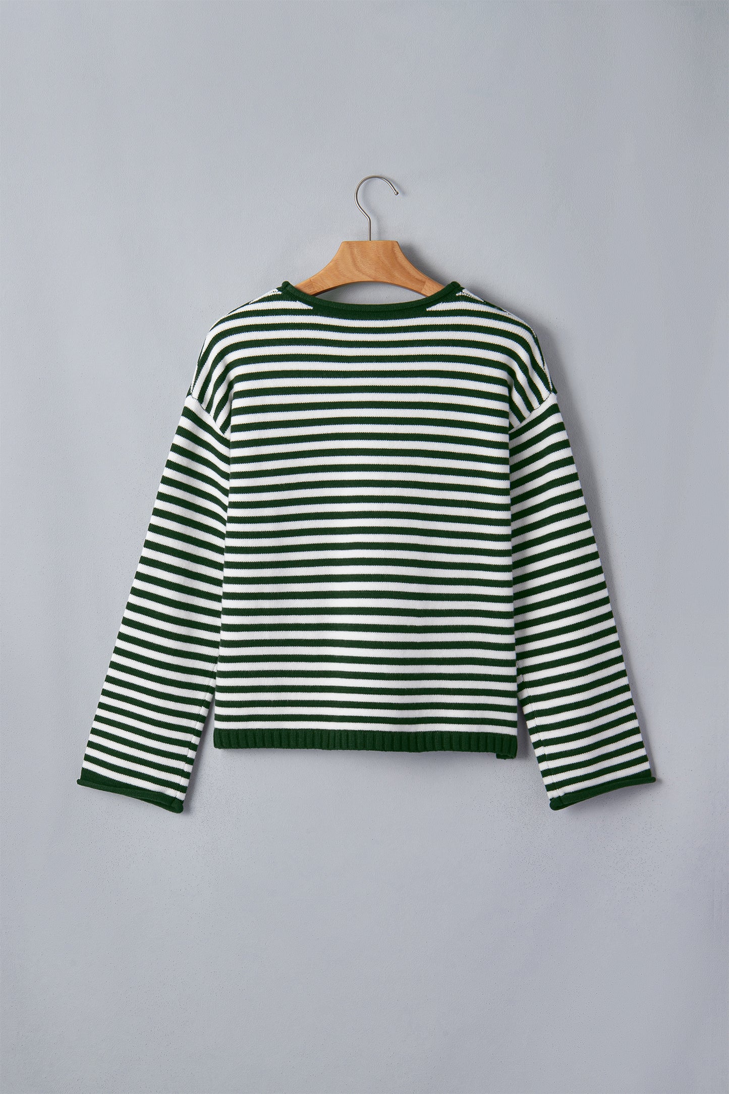 Pink Stripe Striped Button Placket Drop Shoulder Long Sleeve Sweater