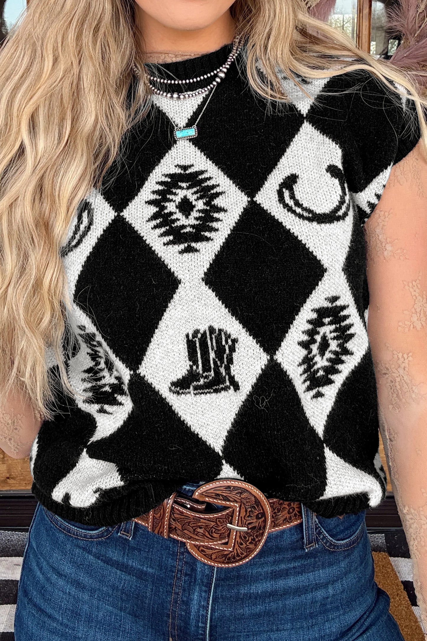 Black Retro Rhombus Western Print Drop Shoulder Short Sleeve Sweater