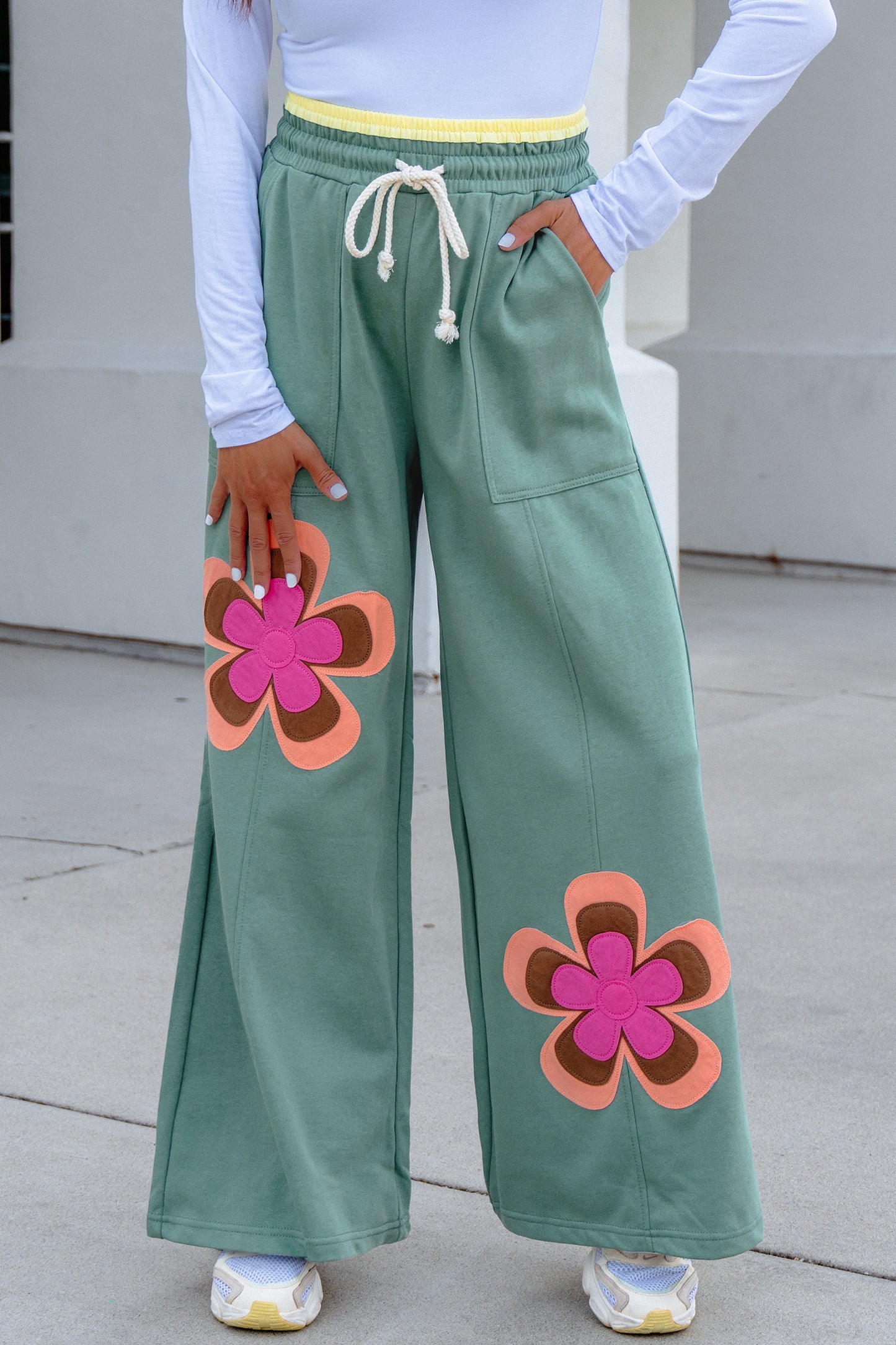 Sky Blue Color Block Flower Patchwork Drawstring Contrasted Elastic Waist Wide Leg Pants