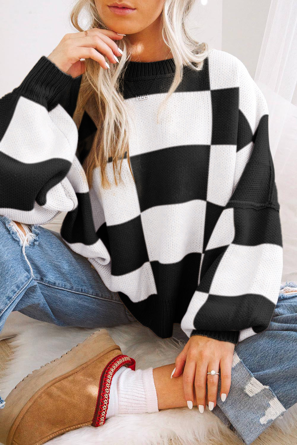 Green Checkered Bishop Sleeve Sweater