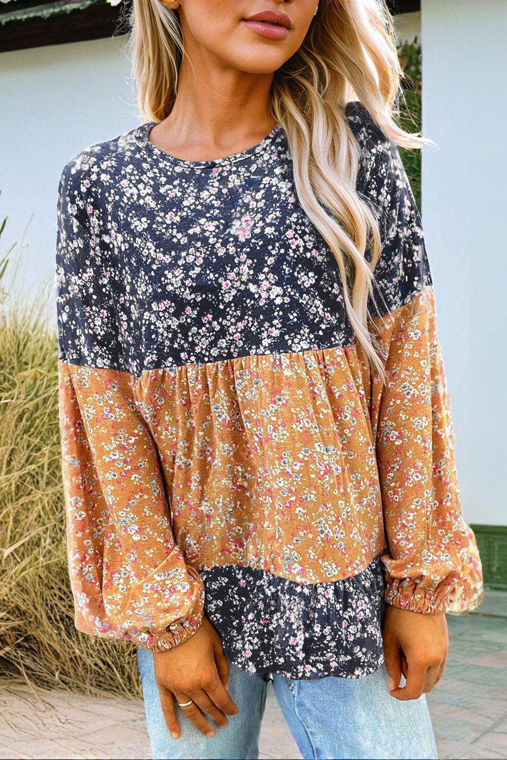 Orange Floral Color Block Patchwork Ruffled Hem Round Neck Blouse