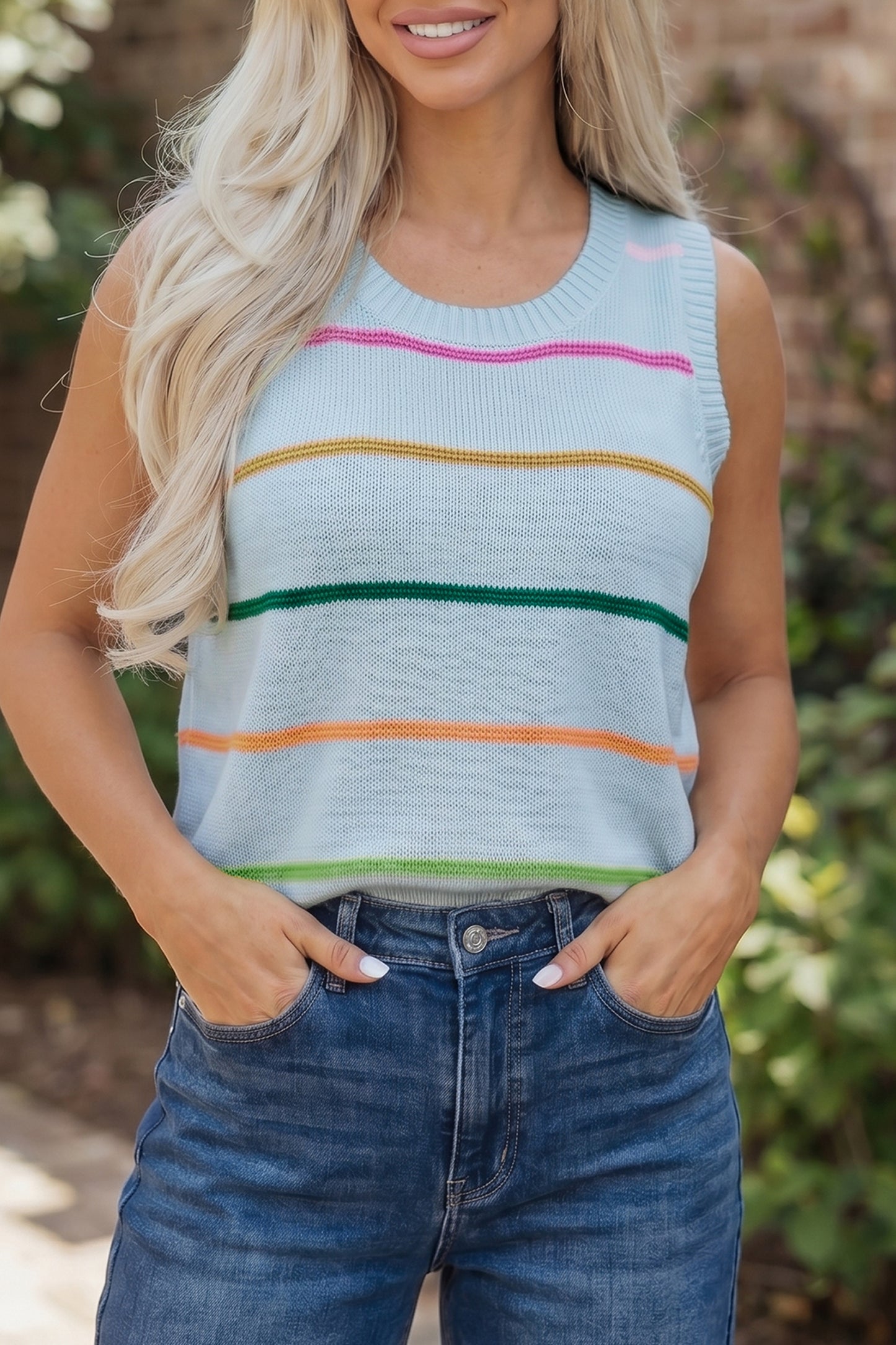 White Stripe Round Neck Knitted Sweater Tank