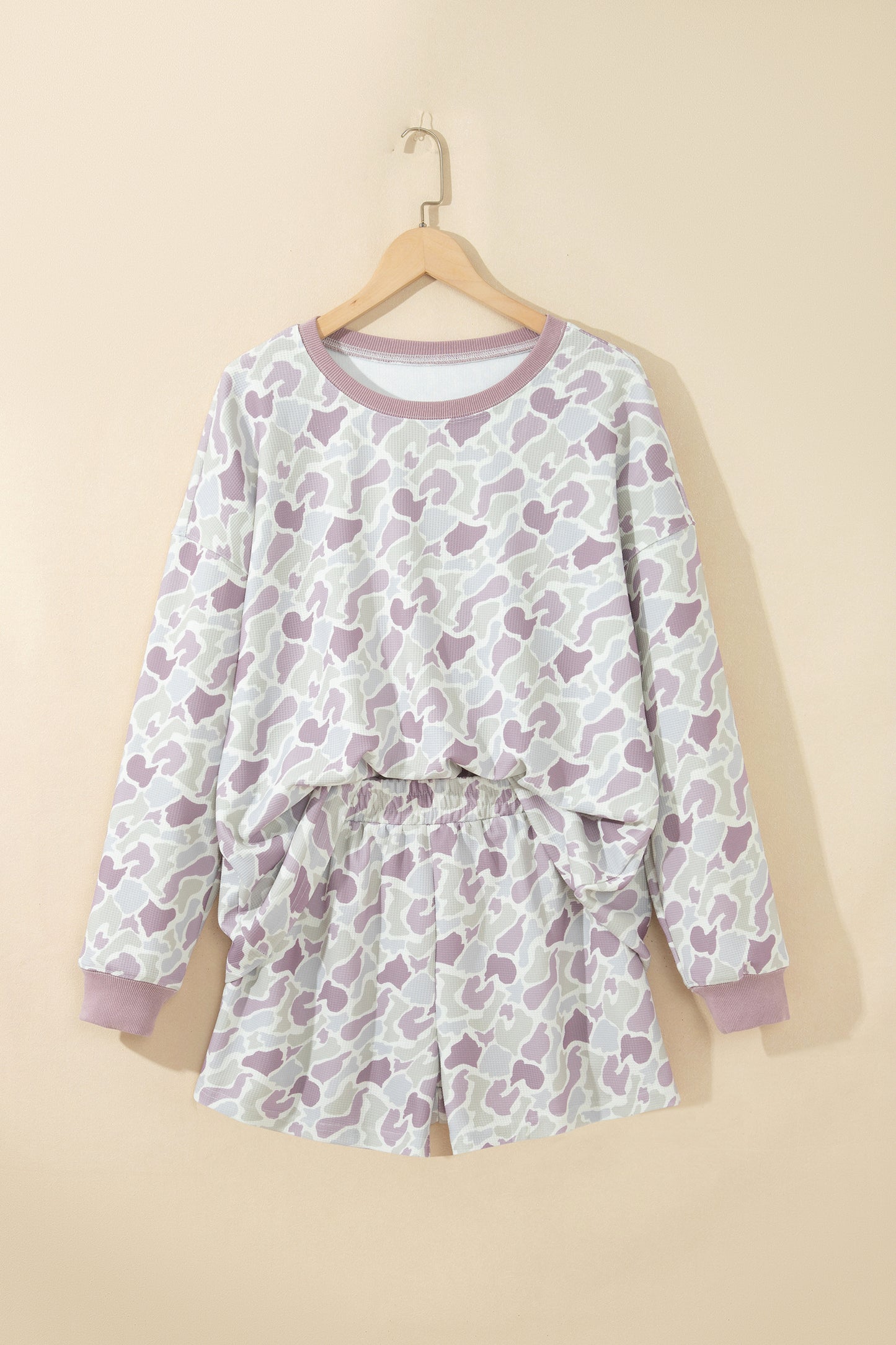 Green Camouflage Waffle Knit Long Sleeve Top Casual Shorts Set