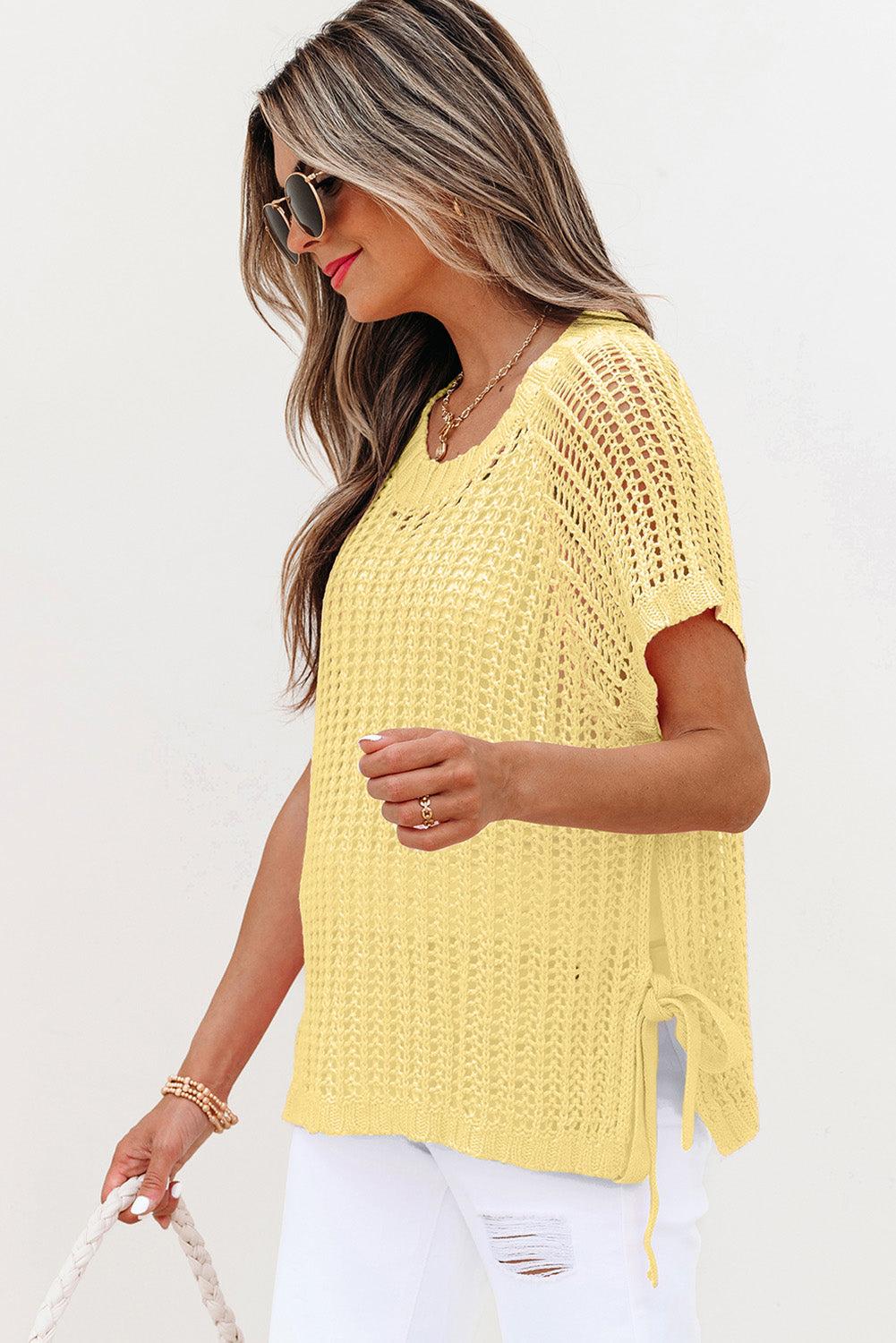 Pink Hollow-out Crochet Side Tied Short Sleeve Sweater