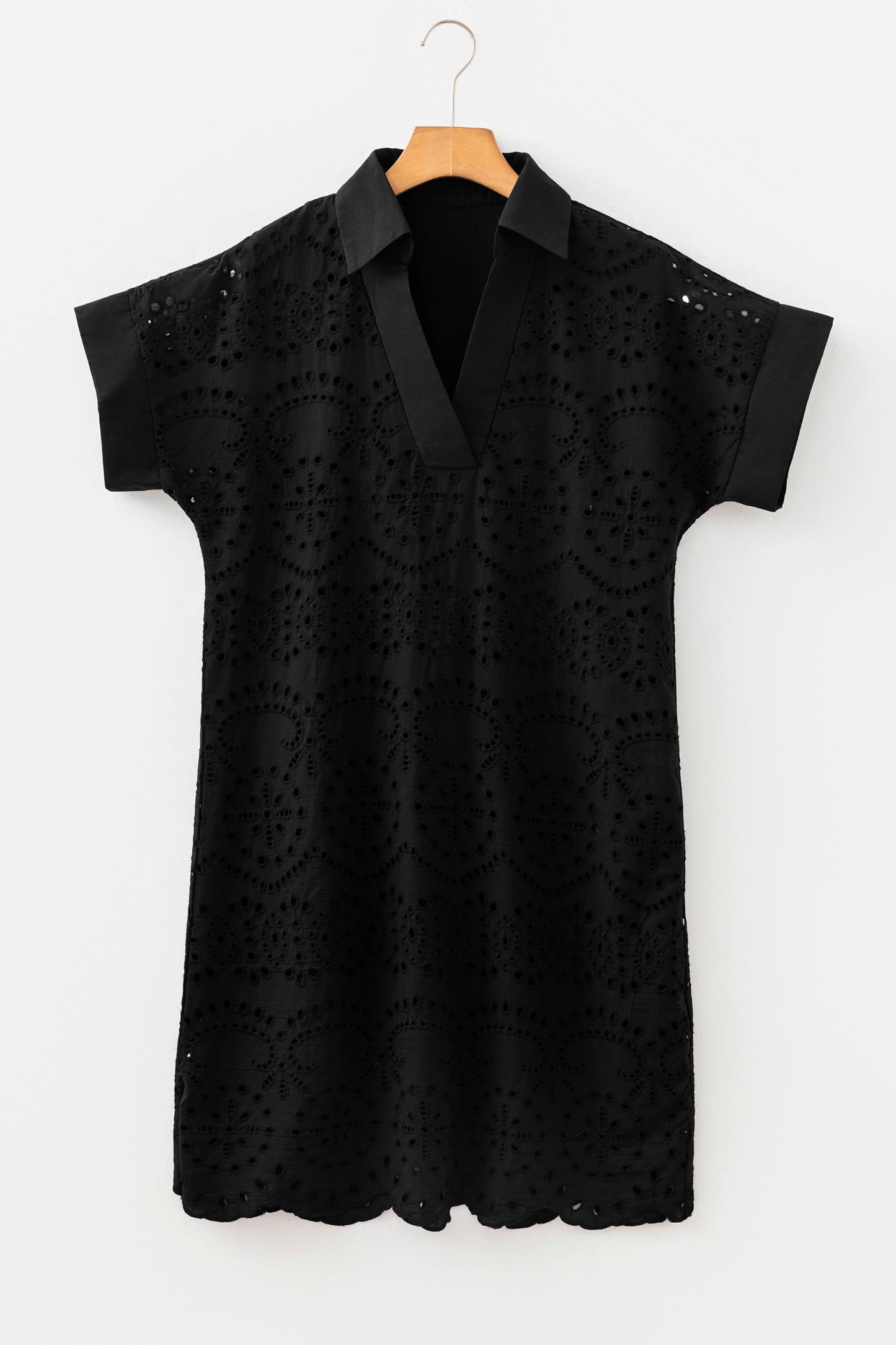 Rose Red Solid Color Eyelet Embroidered T Shirt Mini Dress