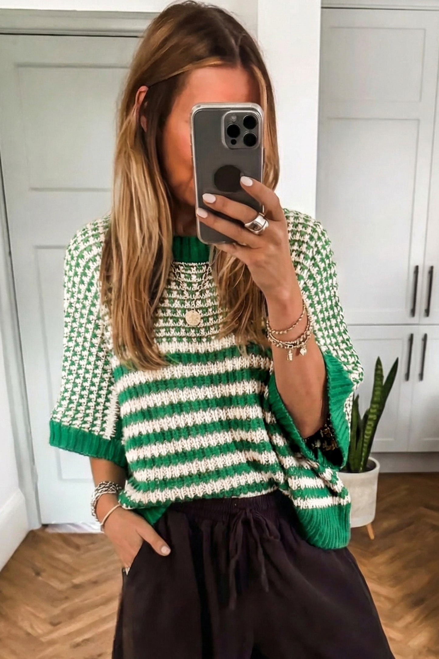 Red Stripe 3/4 Draped Sleeve Slouchy Sweater