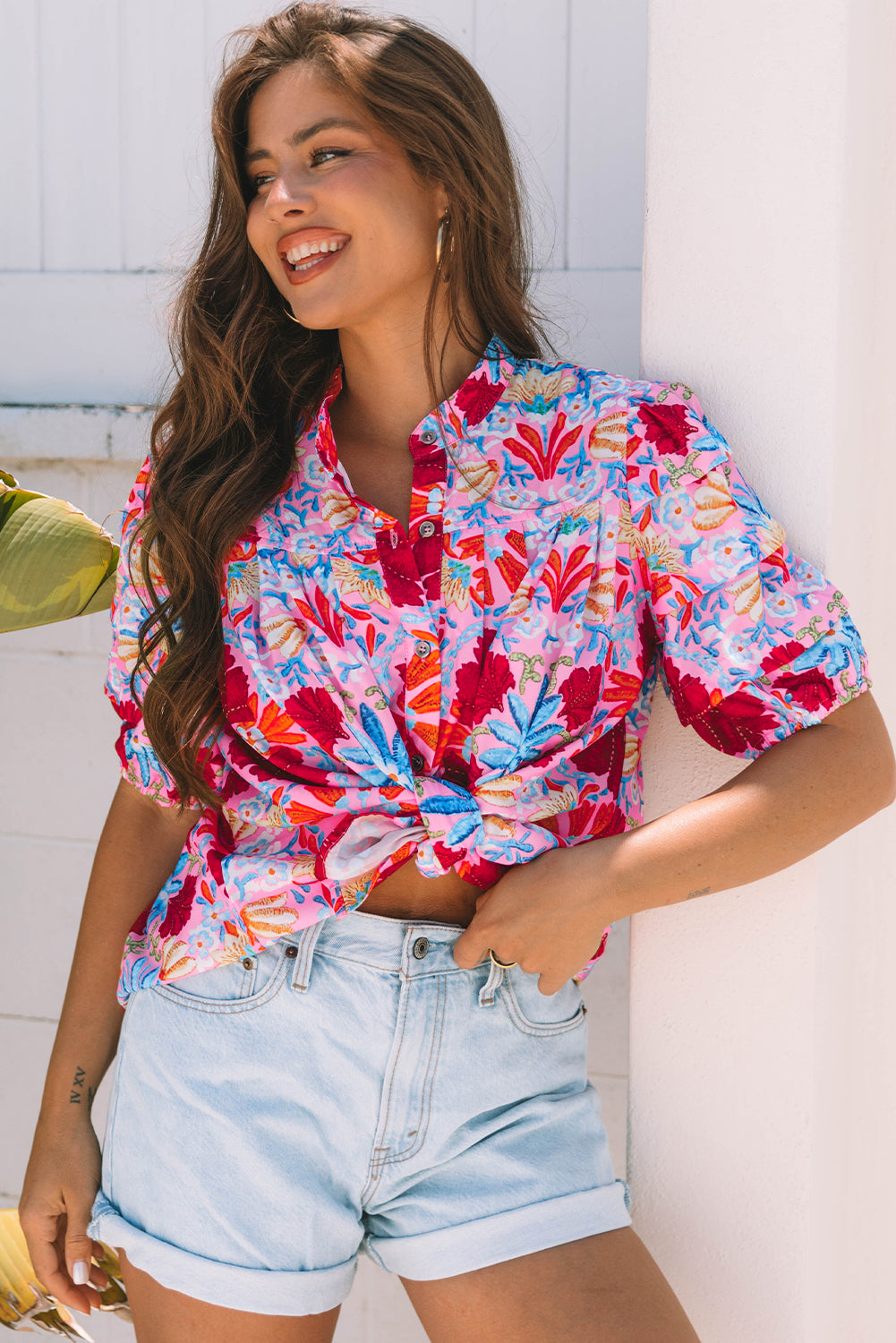 Pink Floral Print Bubble Sleeve Button Up Pleated Shirt