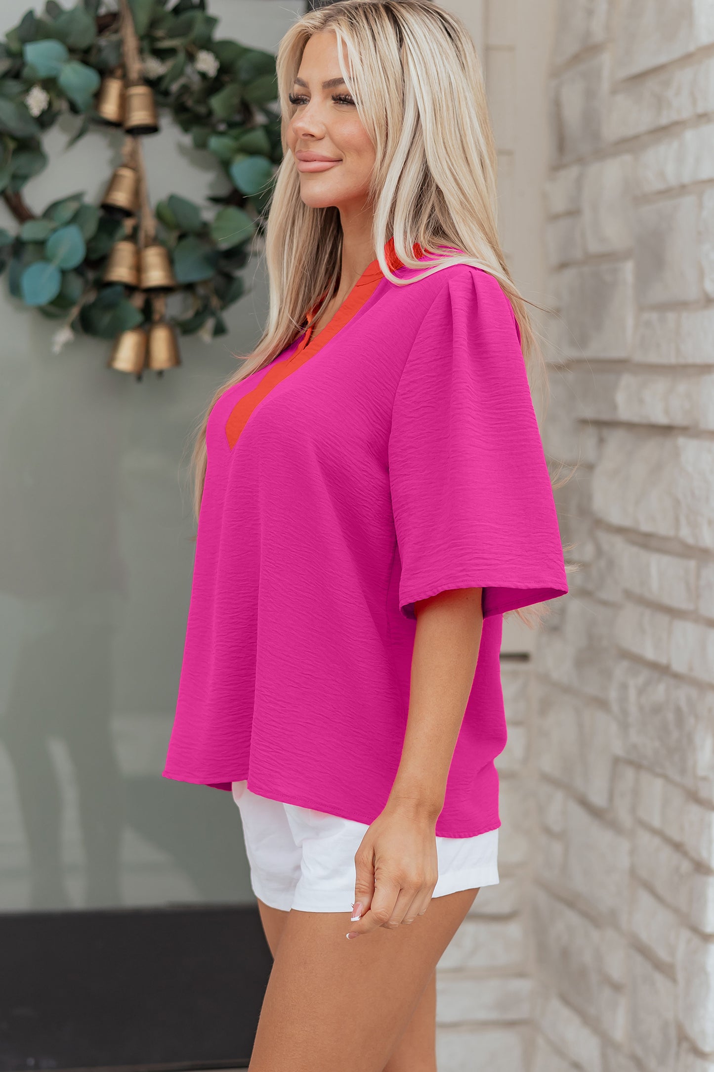 Rose Red Contrast V Neck Colorblock Wide Short Sleeve Top