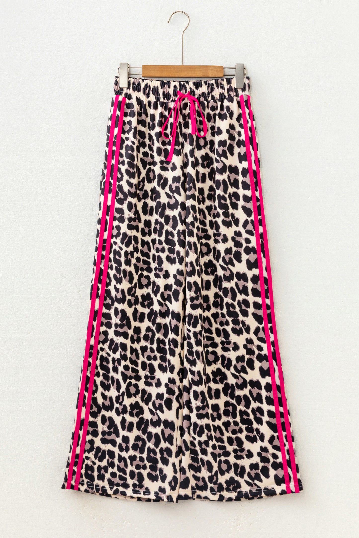 Rose Contrast Detail Tie Waist Leopard Print Casual Pants