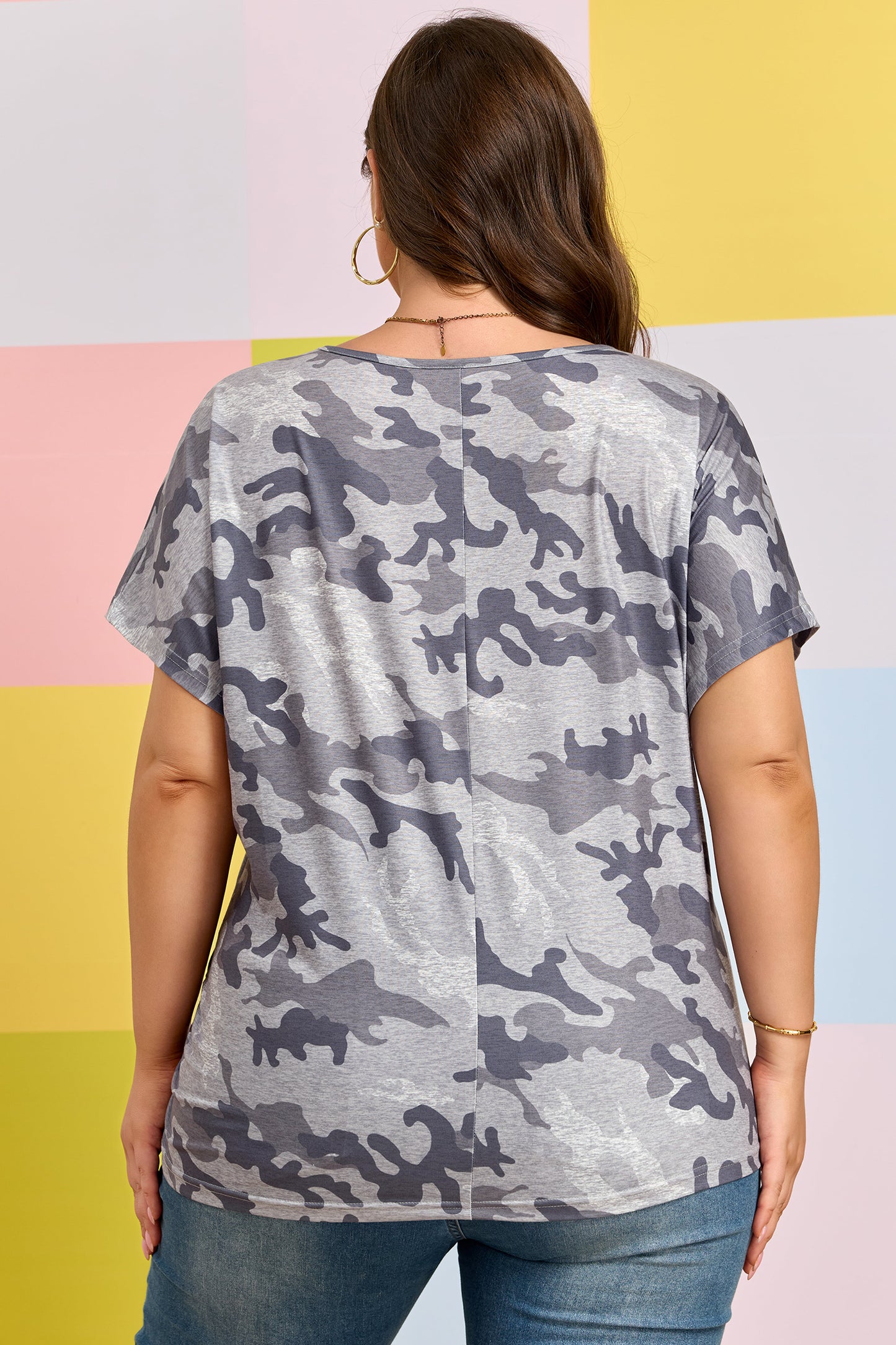 Gray Plus Size Camo Print Casual T Shirt