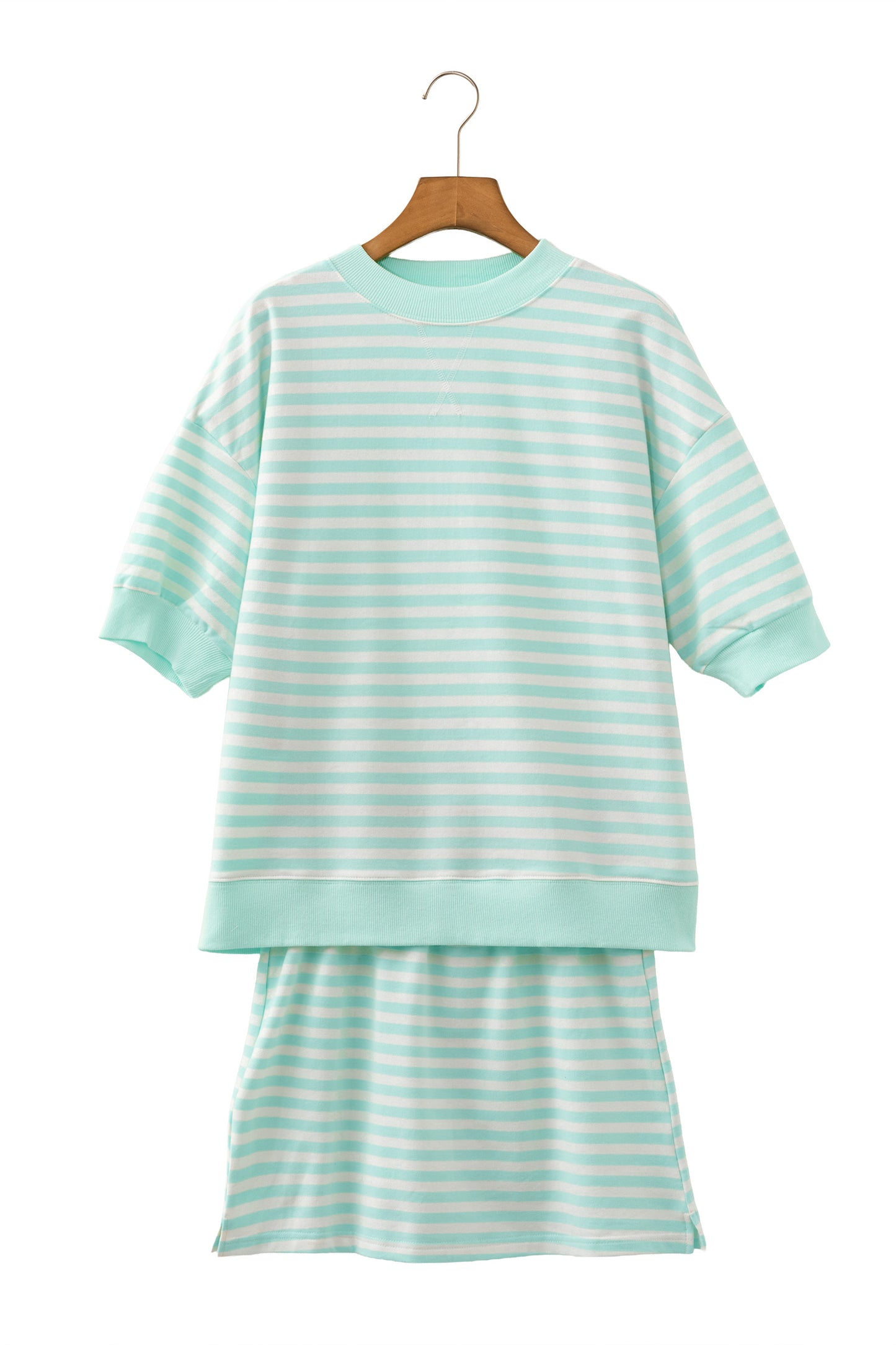 Green Stripe Ribbed Color Block Trim Half Sleeve Top Mini Skort 2pcs Outfit