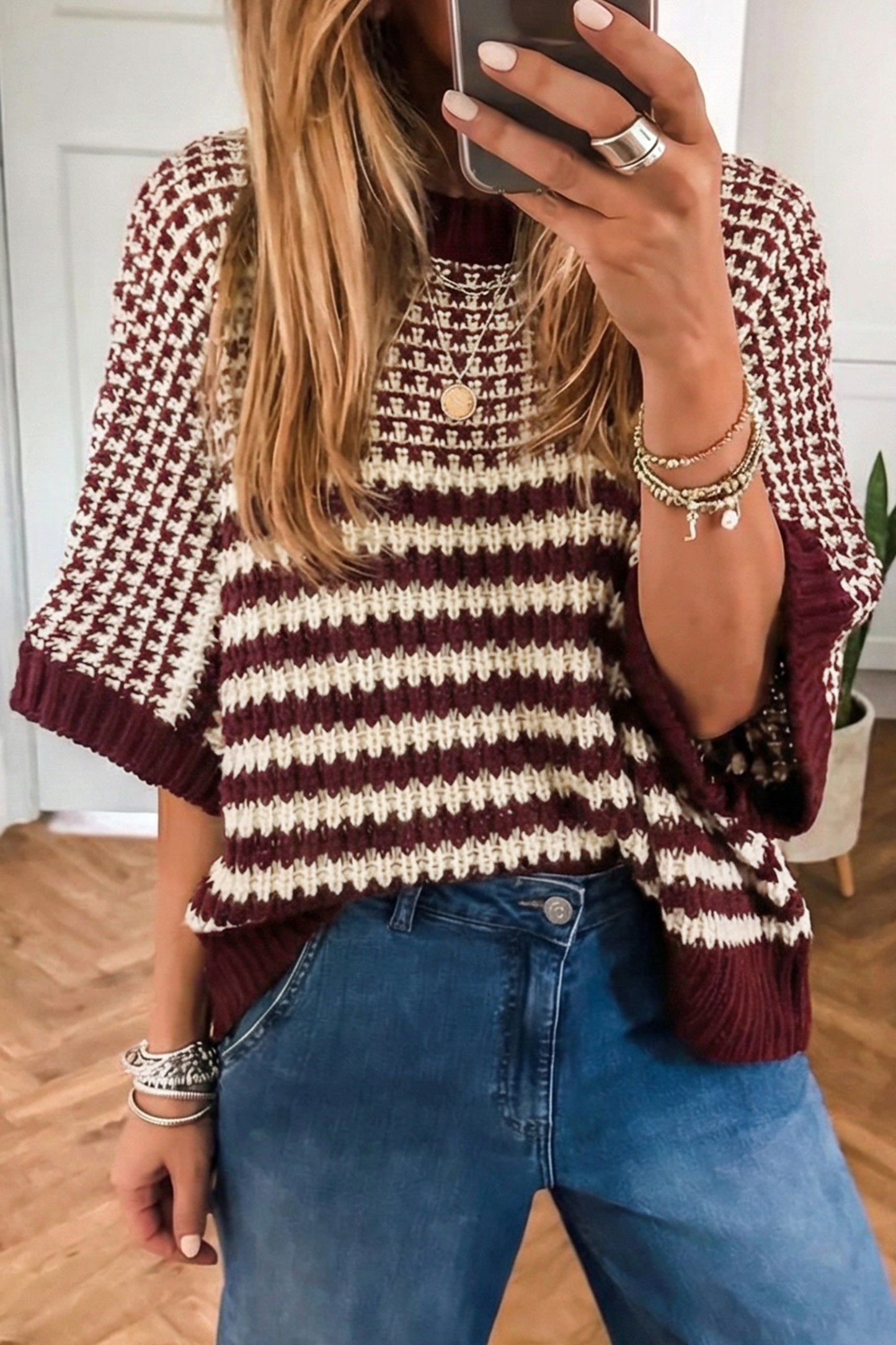 Red Stripe 3/4 Draped Sleeve Slouchy Sweater