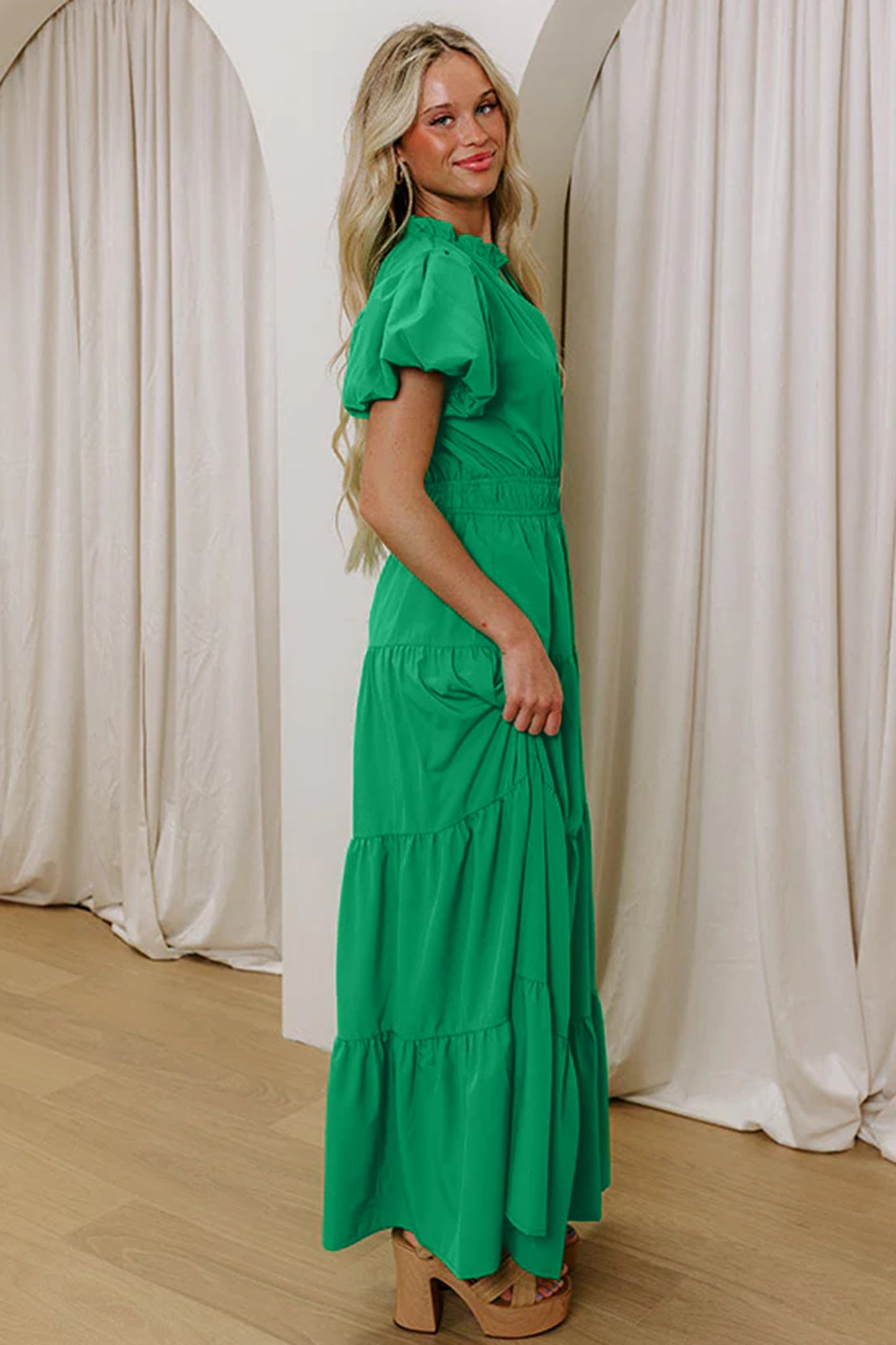 Lavendula Solid Color V Neck Short Puff Sleeve High Waist Tiered Maxi Dress