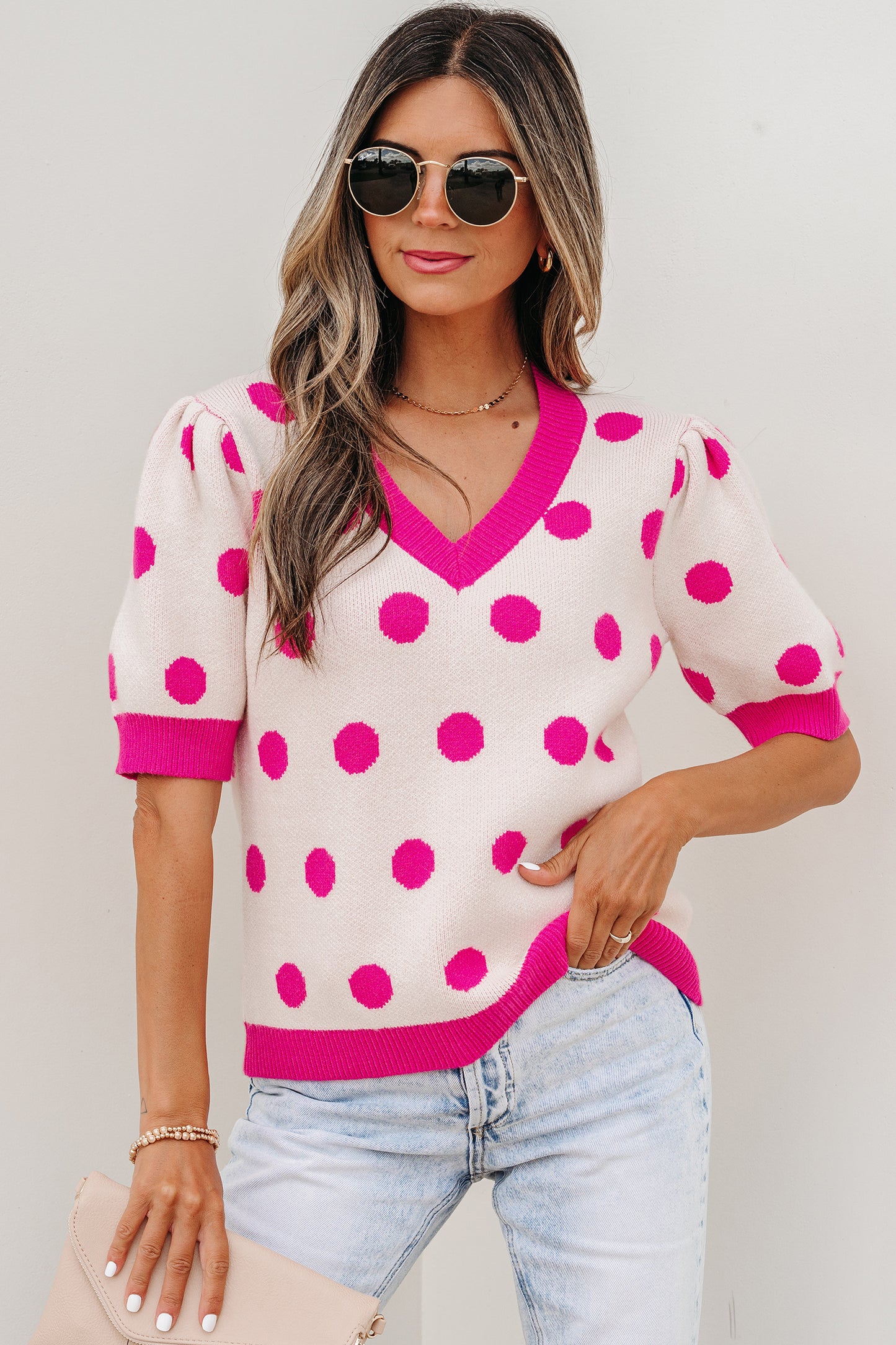 Pink Polka Dot Puff Short Sleeve Sweater Top