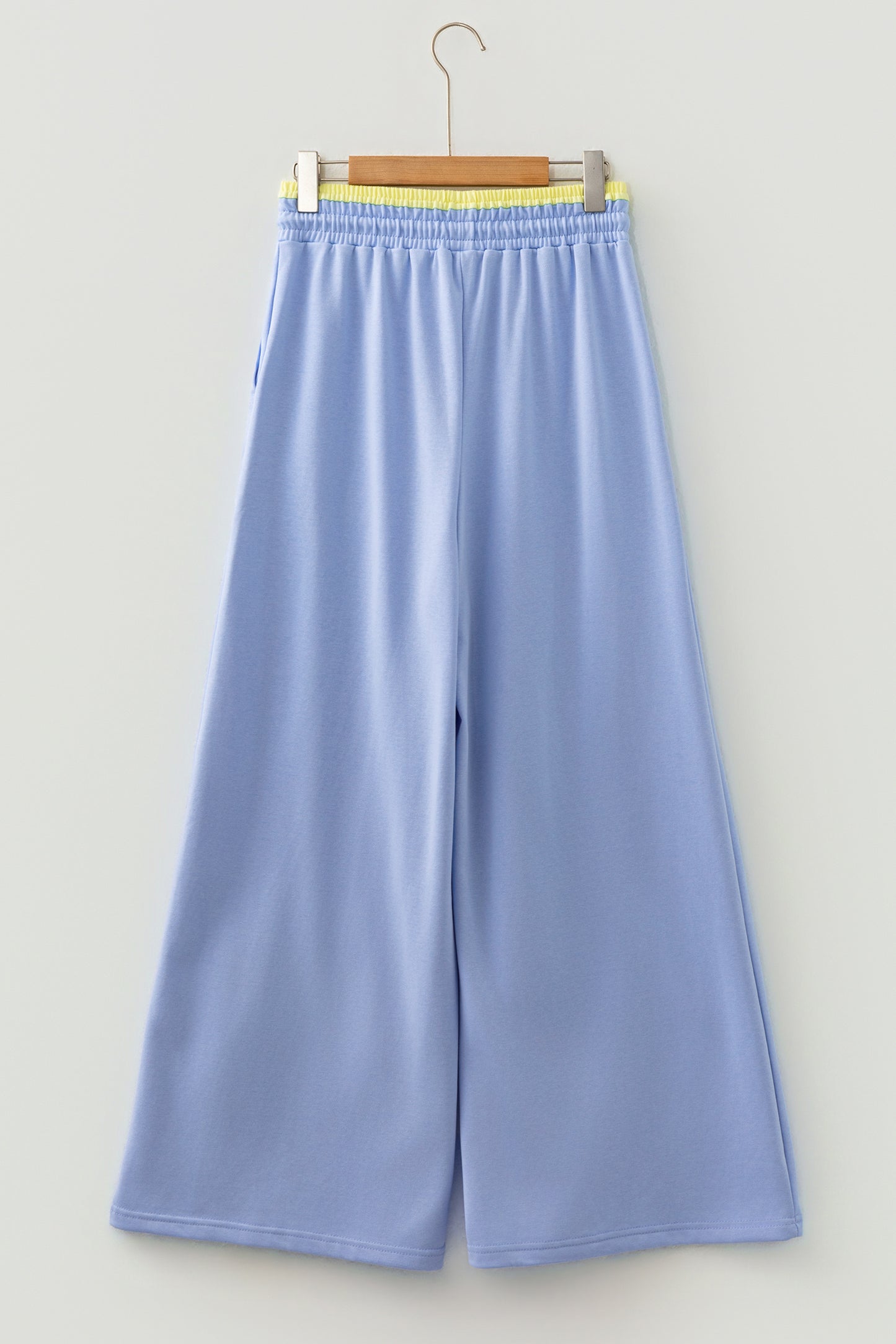 Sky Blue Color Block Flower Patchwork Drawstring Contrasted Elastic Waist Wide Leg Pants
