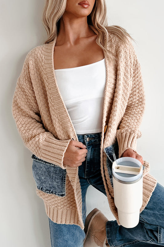 Smoke Gray Open Front Knitted Denim Pocket Patchwork Cardigan