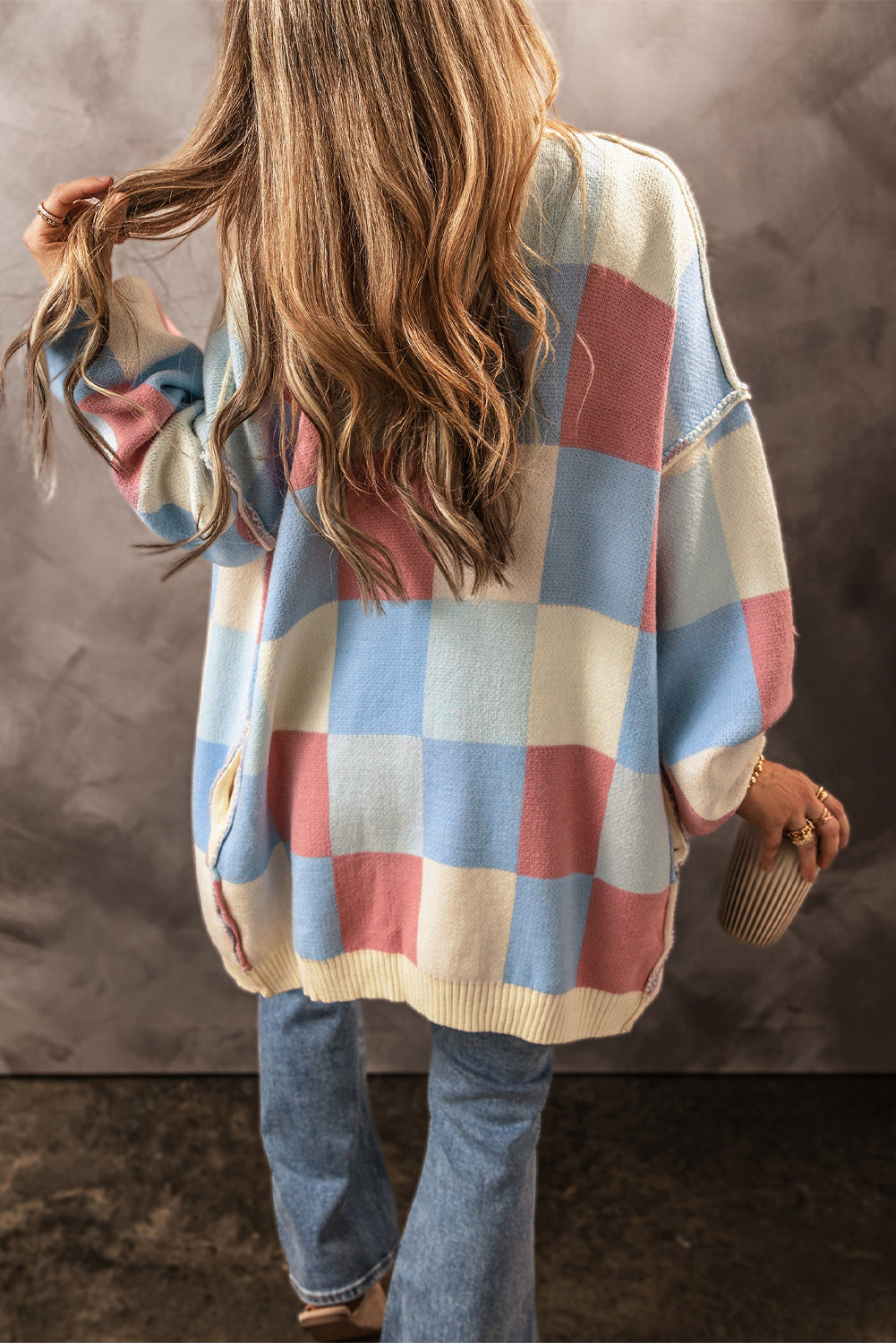 Red Light Checkered Drop Shoulder Exposed Seam Open Front Cardigan
