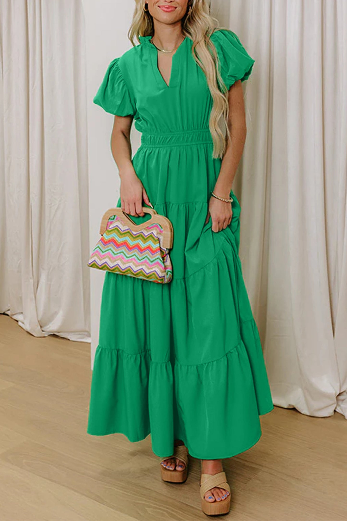 Lavendula Solid Color V Neck Short Puff Sleeve High Waist Tiered Maxi Dress