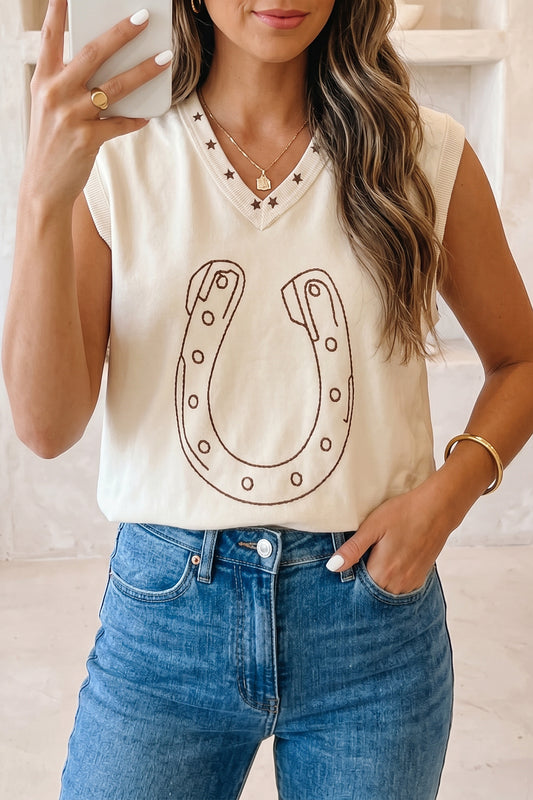 White Horseshoe Embroidered Star Trim V Neck Loose Tank Top