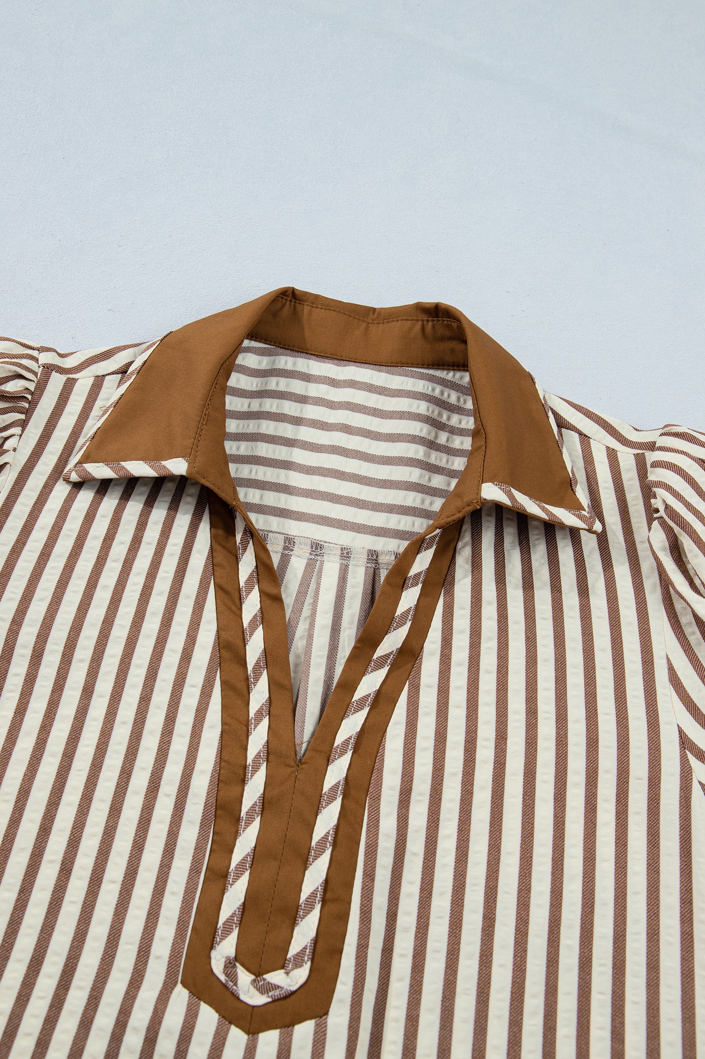 Brown Stripe Shirt Collar Color Block Patchwork Trim Ruffle Hem Short Dress